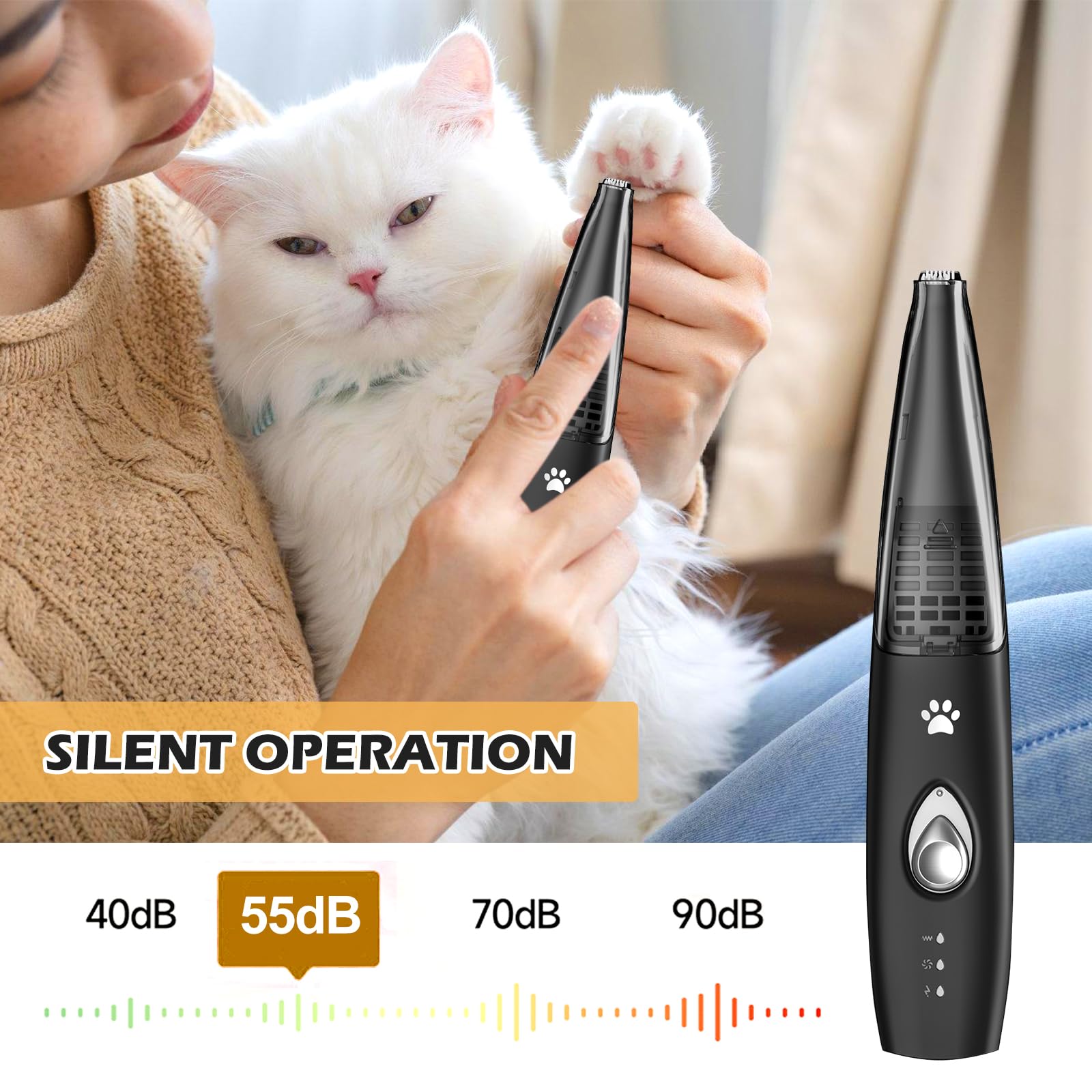Tondeuse Patte Chien Extra Silencieuse avec Aspirateur, Tondeuse Chat et Chien, pour Pattes, Yeux, Oreilles, Visage et Corps
