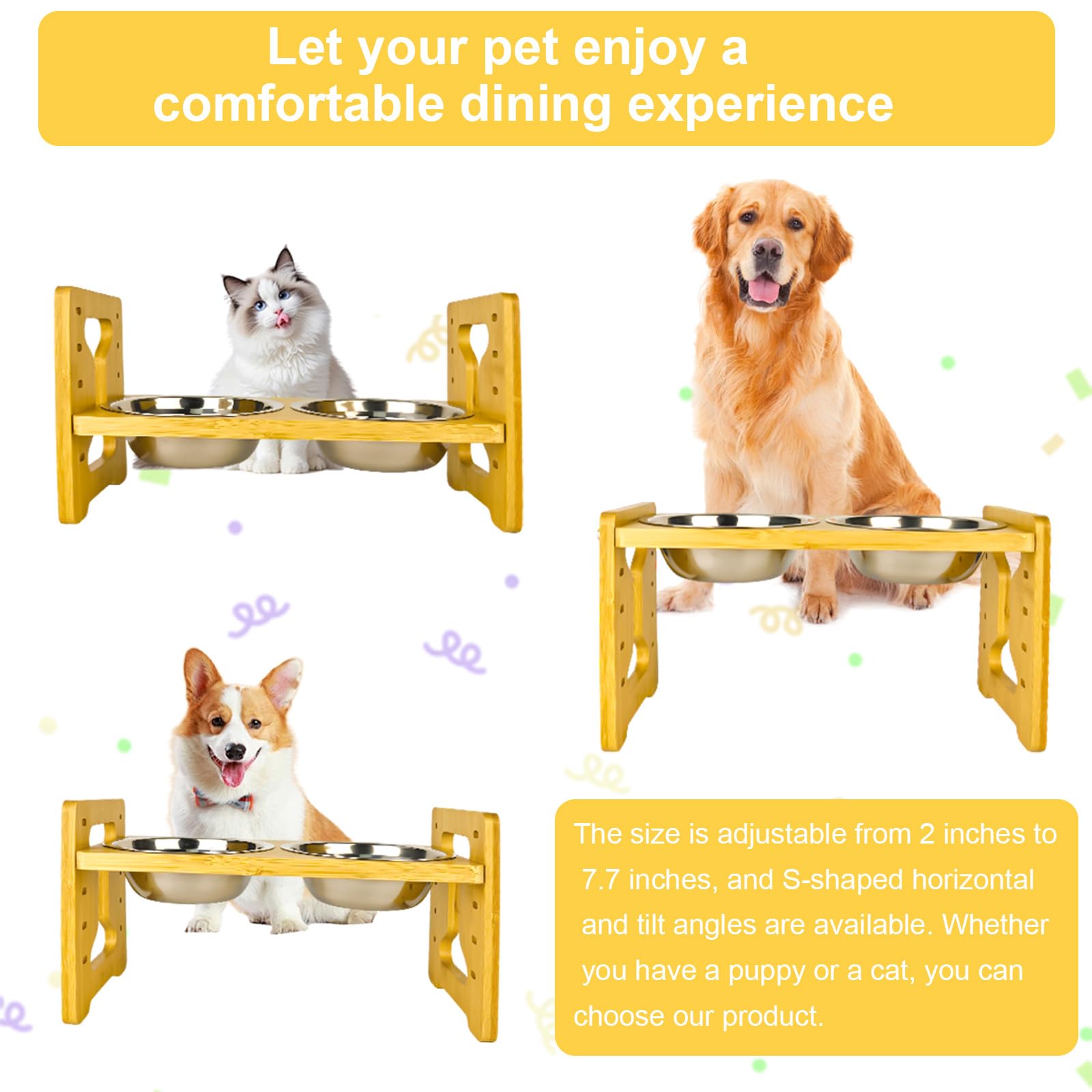 Gamelle surélevée pour chien - Antidérapante - Hauteur réglable - Avec support - 5 mangeoires réglables - Avec 2 gamelles en acier inoxydable - Pour chiens de petite, moyenne et grande taille