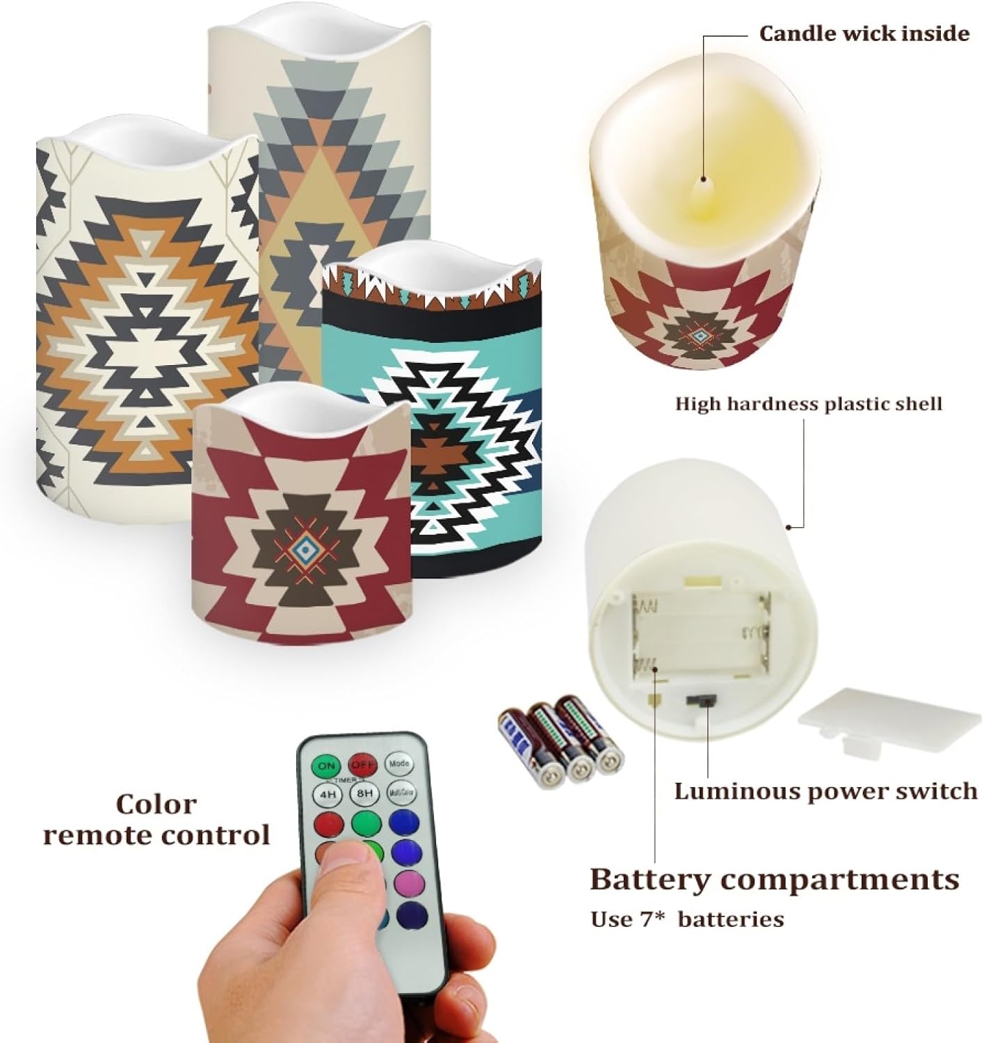 Aztec Flameless Candles Fake Pillar Candles LED Battery Operated Flameless Candles with Remote Color Changing & Timer Ambient Lighting 4 Packs