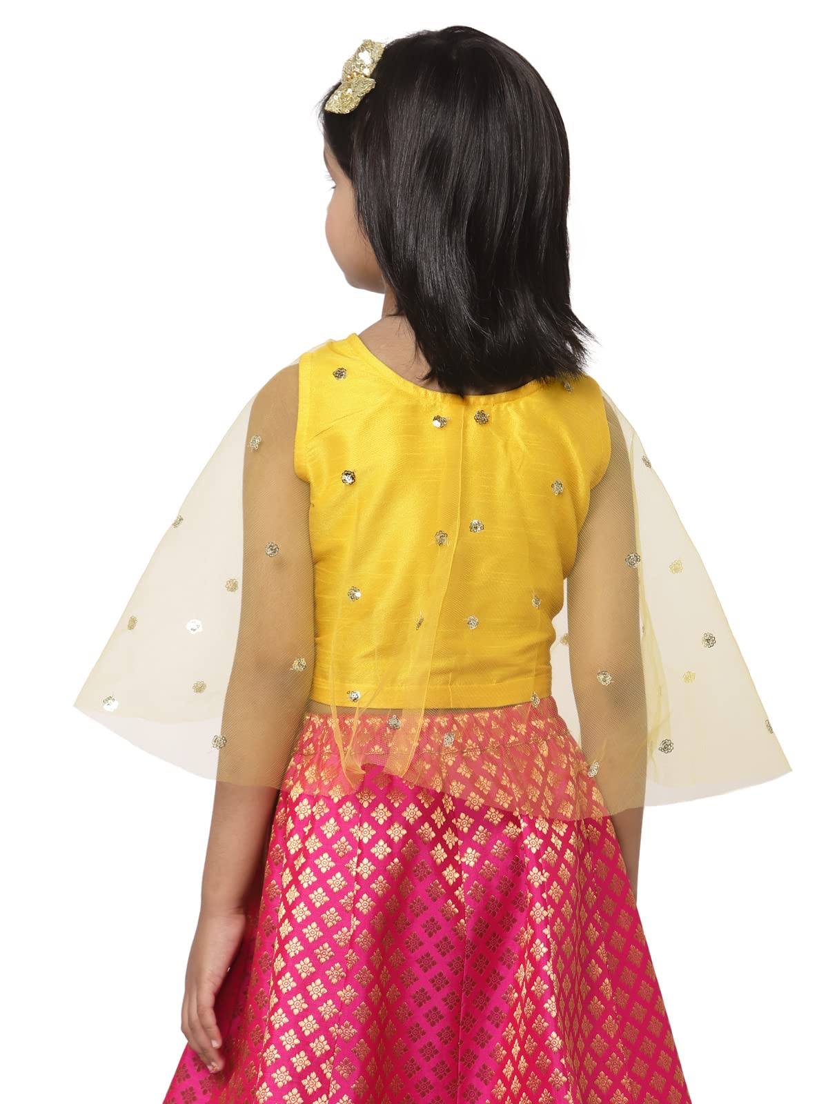 studio rasa Girls Net Sequins Embroidered Kids Cape Top for Festive Wedding (GTC12201/9-10_Yellow) 2