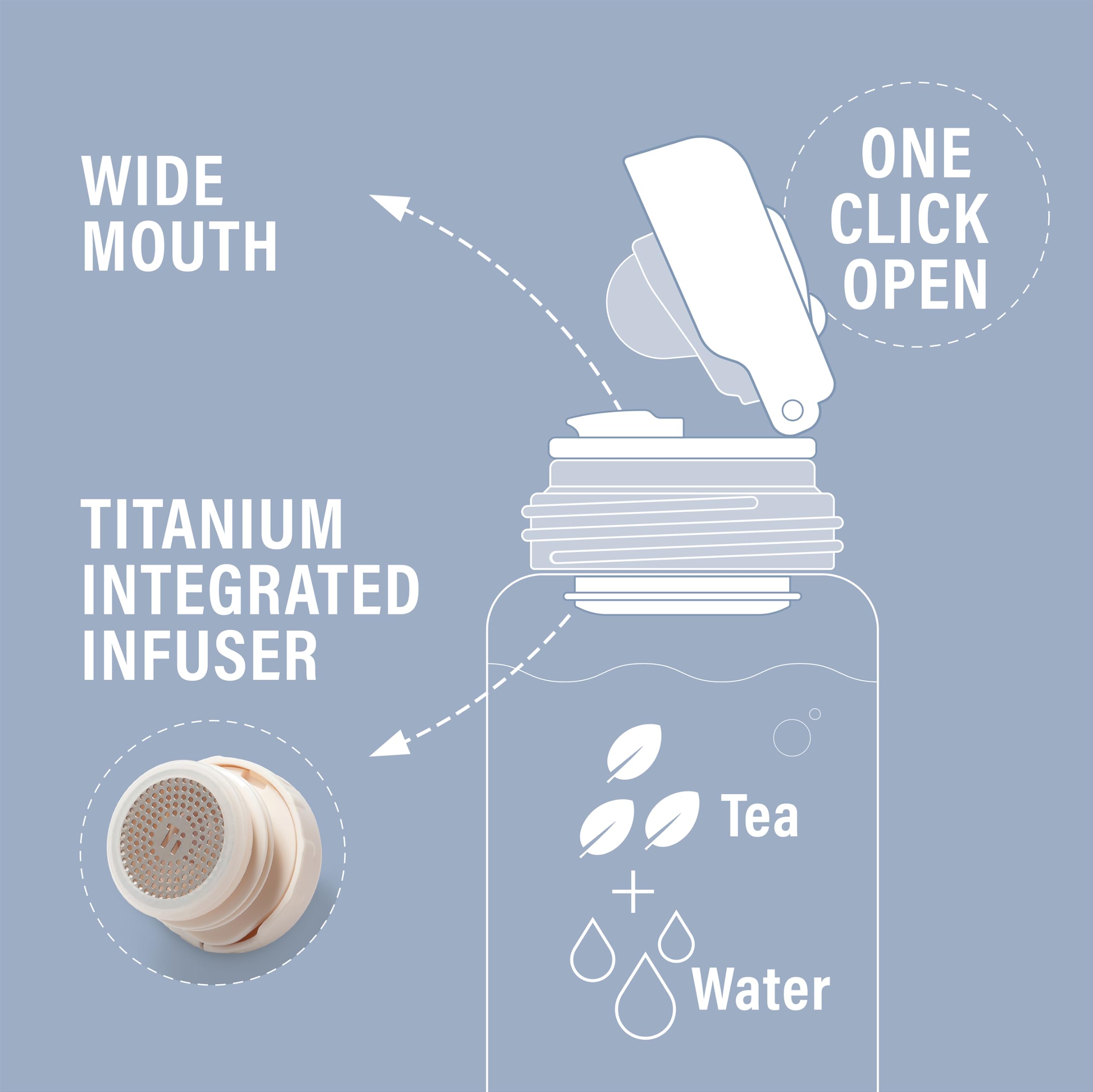 Thrista - Botella de agua de acero inoxidable 316 aislada al vacío, infusor de té de titanio, diseño compacto y a prueba de fugas, 479.1 g/500 ml, apertura con un solo toque para bebidas frías