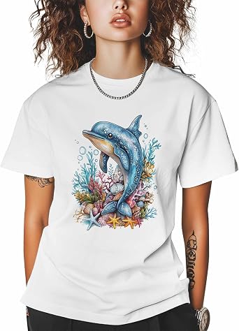 Women T-Shirt,Crewneck Tee Blue Dolphin Short Sleeve Casual T Shirts