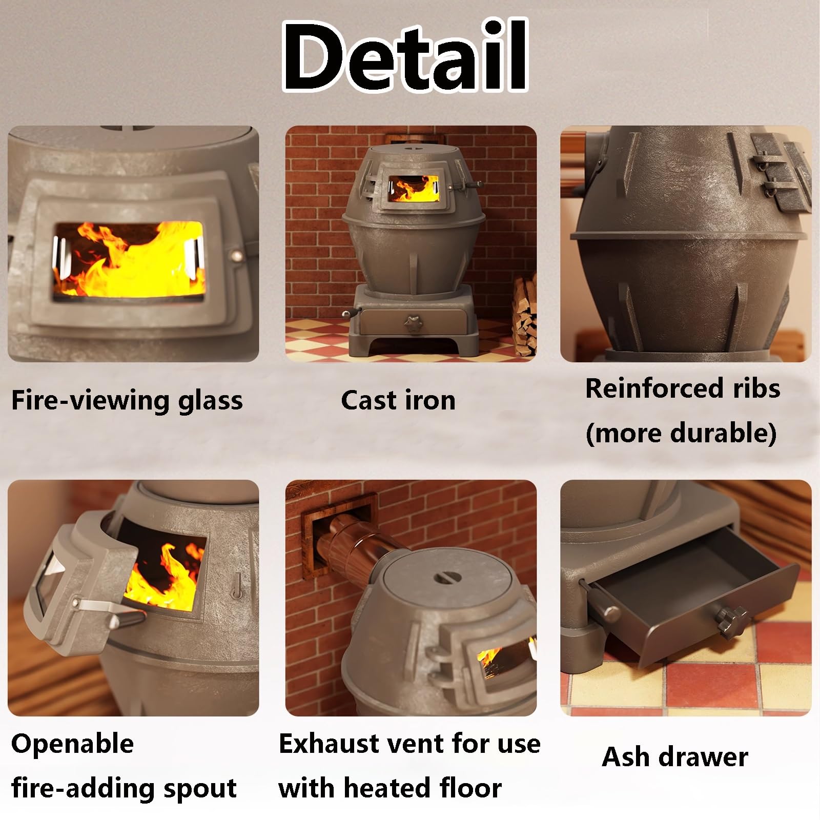 Stufa Multicombustibile Per Casa Per Riscaldare E Cucinare Con Coperchio Sigillato, Vetro Di Controllo & Cassetto Delle Ceneri, 2 Dimensioni Disponibili(300cm chimney,23 * 23 * 40cm)