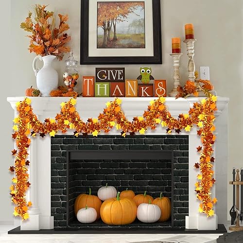 Miniatura 5 de Guirnalda de oropel de otoño de 33 pies de Acción de Gracias, hoja de arce dorada y cobre brillante, guirnalda metálica colgante de oropel para