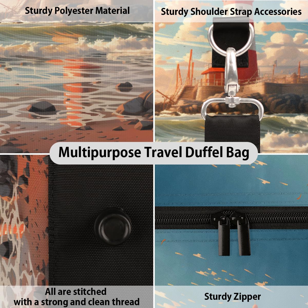 Watercolour Lighthouse Ocean Travel Duffel Bag for Women Men Large Capacity Overnight Weekender Bags for Lightweight Waterproof Sport Gym Bag for Workout Yoga Swim
