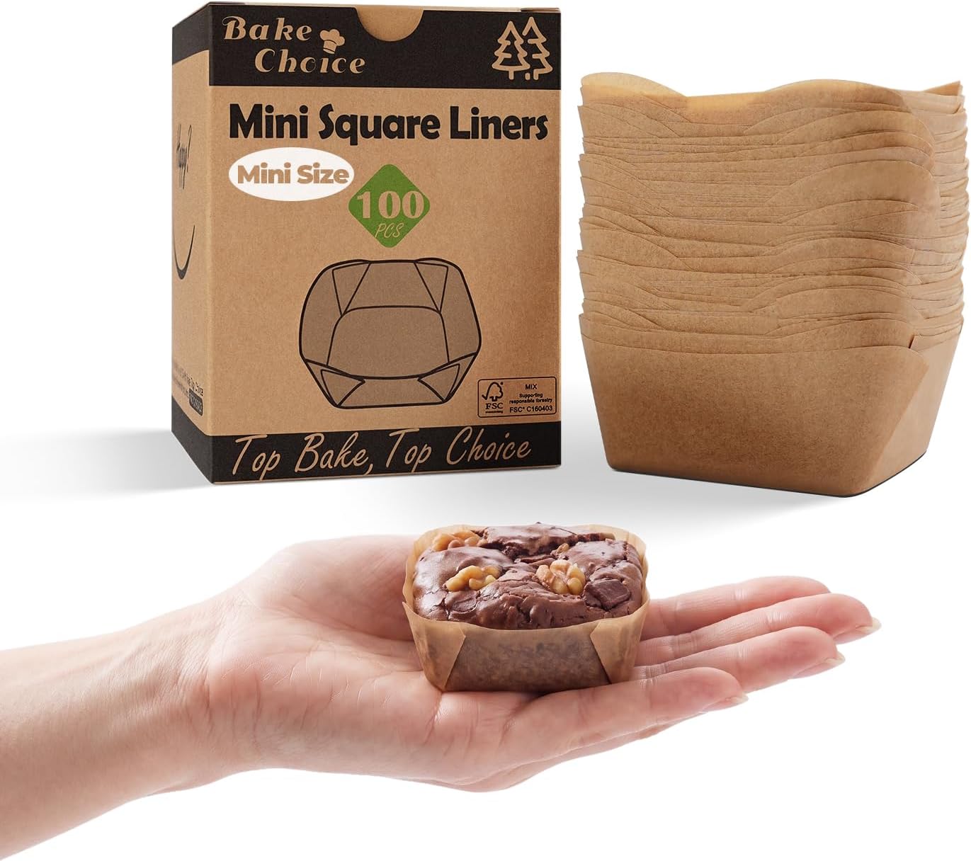 Bake Choice 100Pcs Mini Square Cupcake Liners, Fit for 12 Small Brownie Pan