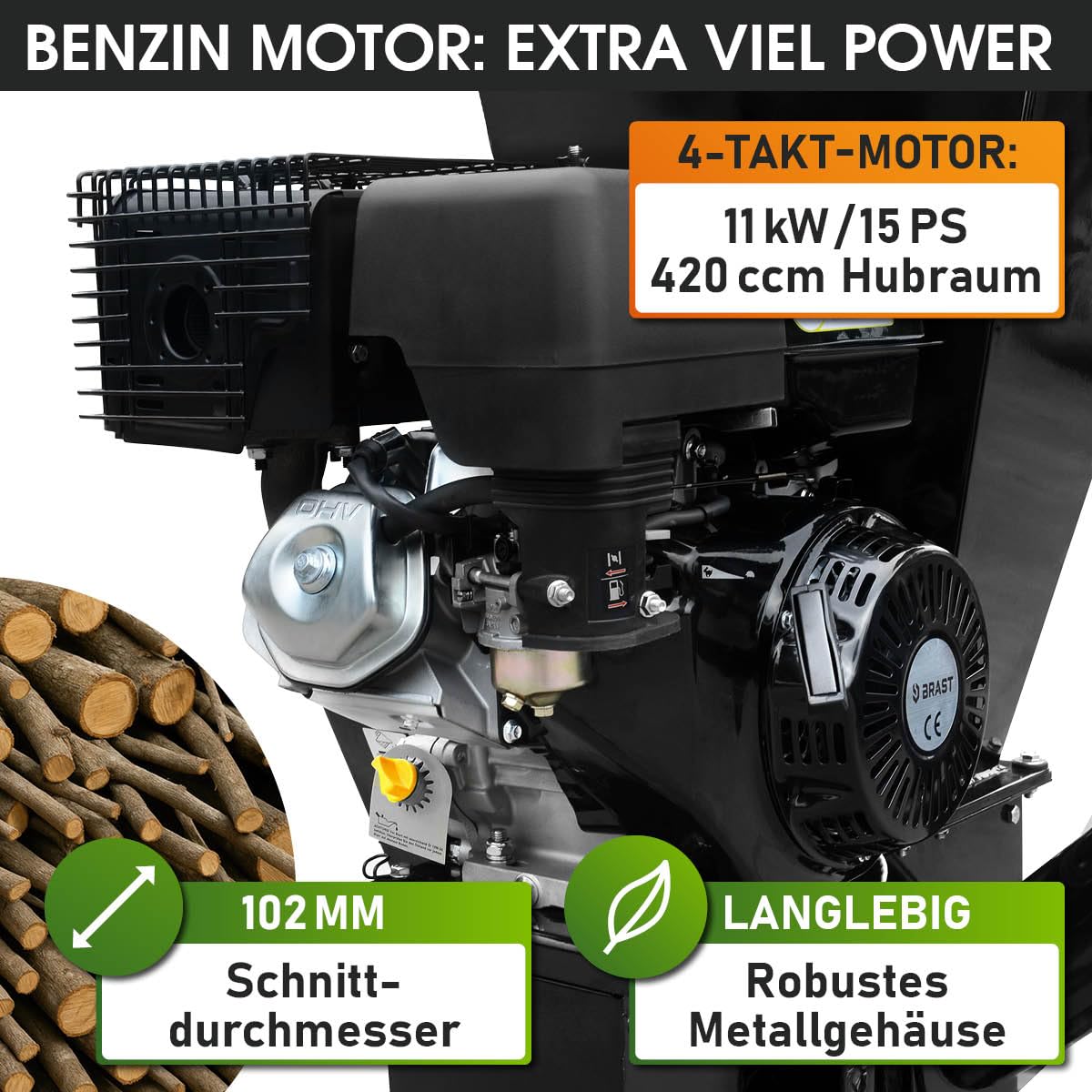 BRAST Häcksler Schredder Gartenhäcksler Benzin | 5,2kW(7PS) - 11kW(15PS) | 2 Modelle | TÜV geprüft | Aststärke bis zu 102mm | 2 Messersysteme mit 22 Messer | Deichsel & Griff