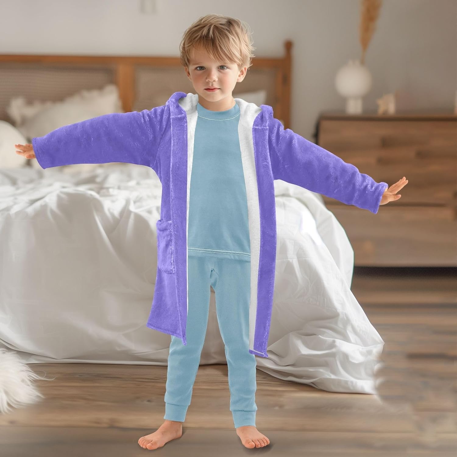 ODAWA Slate Blue Kids Bathrobe, Plush Hooded Towel for Boys Girls, Soft Absorbent Beach Swimming Robe with Pockets