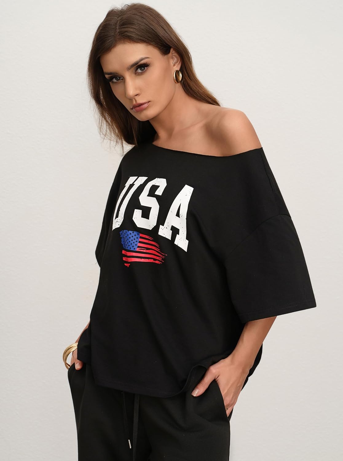 CSDAJIO Women's Casual Short Sleeve One Off the Shoulder Oversized T Shirt Graphic Tee Loose Baggy Top