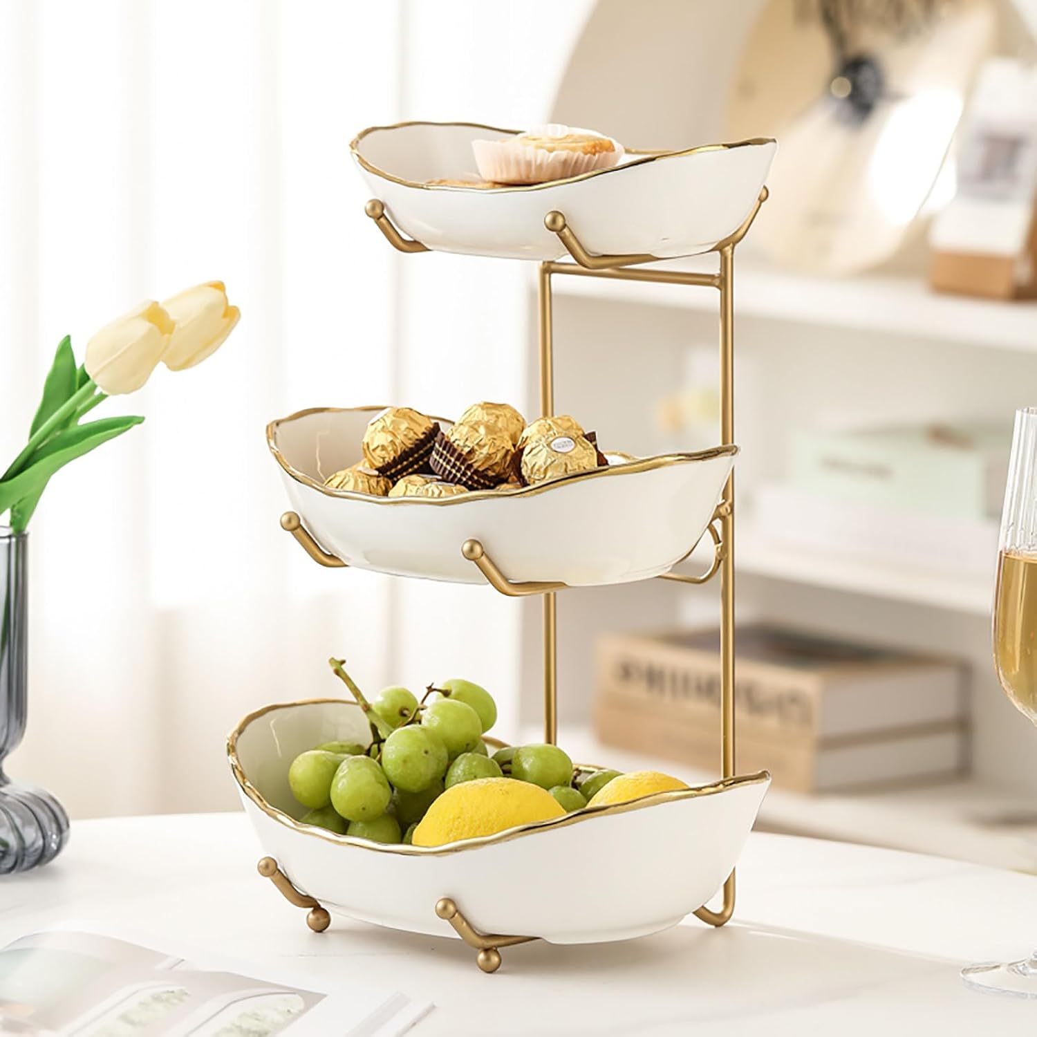 3-Tier Fruit Bowls for Kitchen Counter,Ceramic White Bowl with Gold Metal Stand,3 Tier Fruit Basket for Fruit,Snack,Cake,Nuts,Dessert Storage