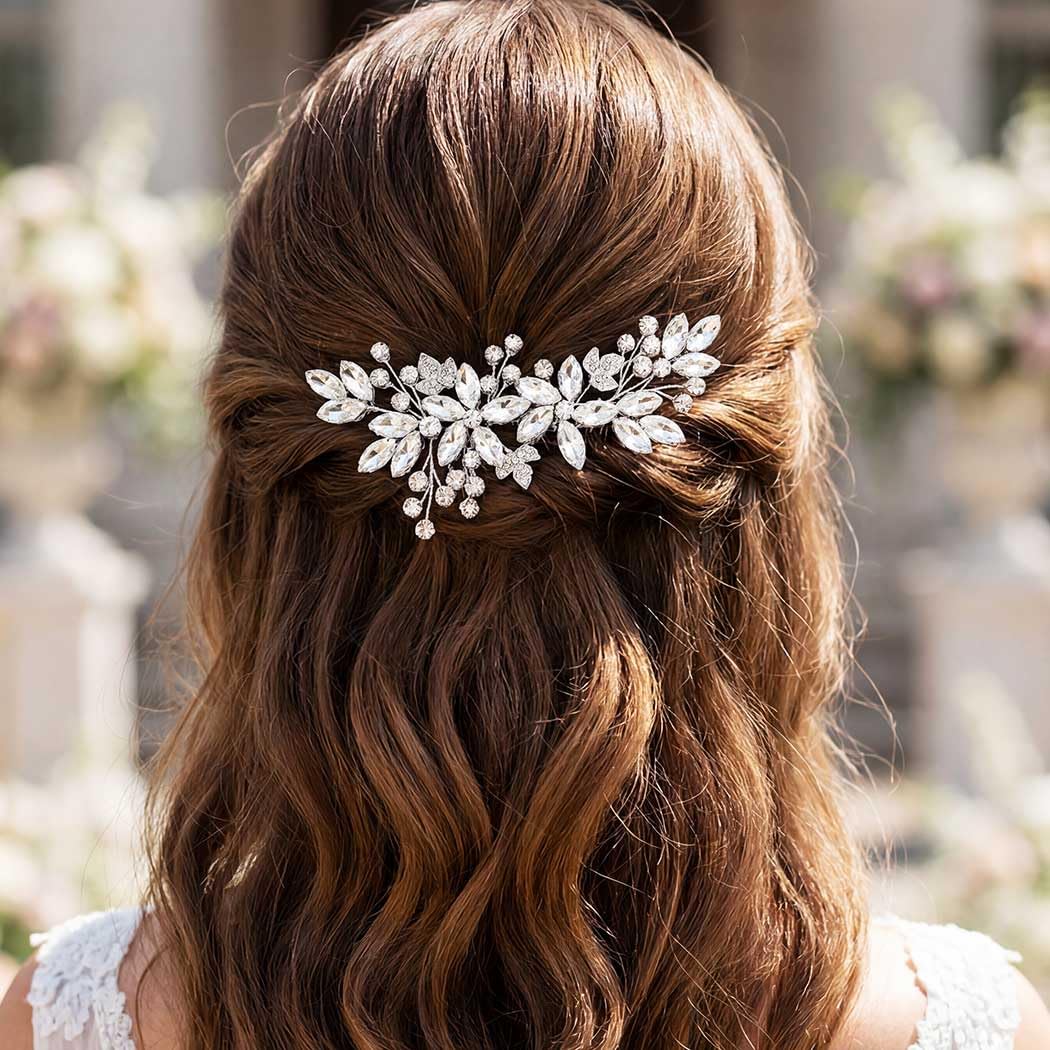 GORAIS Pettine per capelli da sposa con strass, accessorio per capelli da sposa, fermaglio per capelli da sposa e donna (argento)