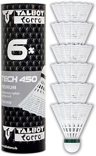 Talbot-Torro Tech 450 Badmintonbälle - 6er Dose, verschiedene Farben/Geschwindigkeiten wählbar (weiß/gelb, Geschwindigkeiten: langsam, mittel, schnell), Premium-Nylonfederball für Indoor & Outdoor