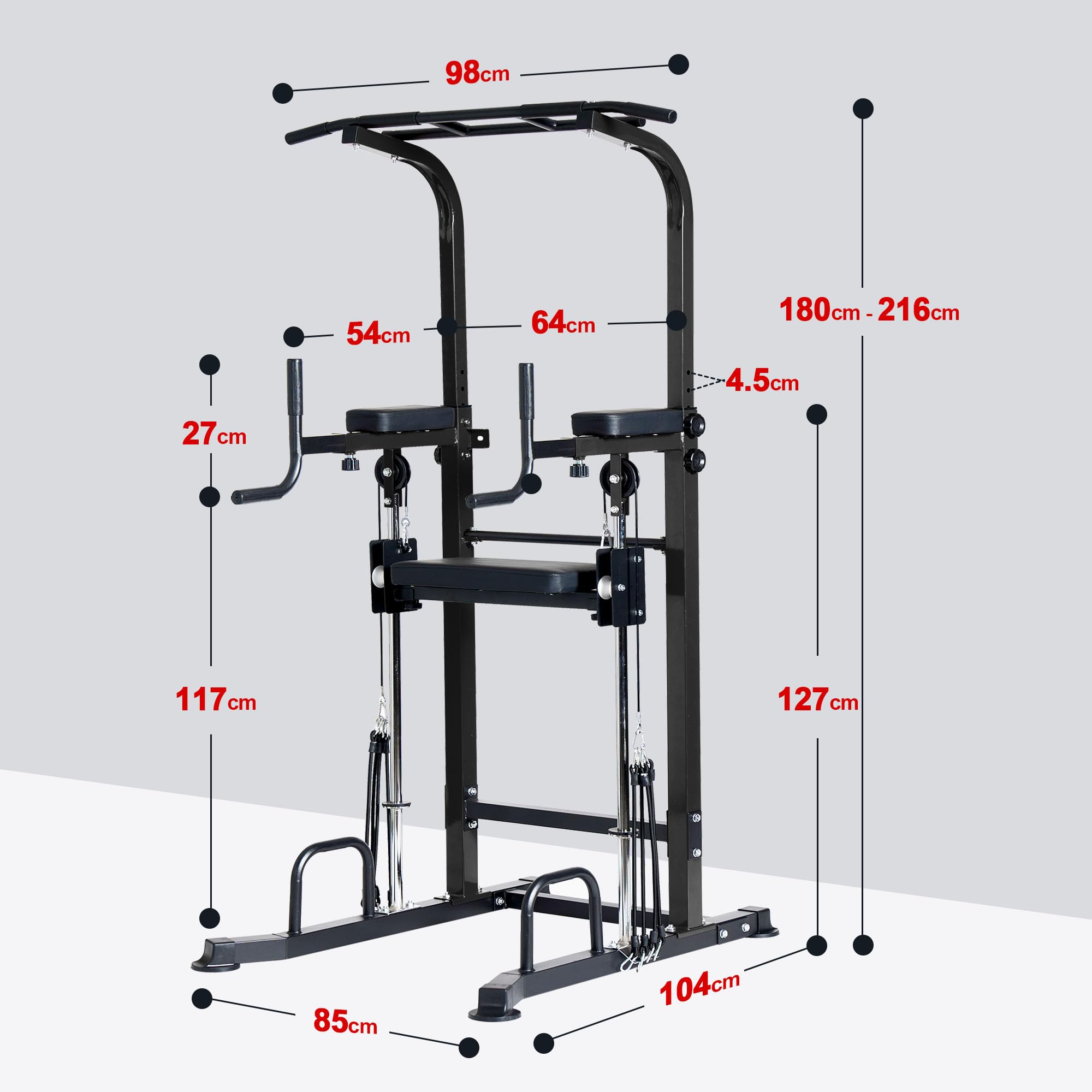Power Tower Station de barre de traction réglable à 10 vitesses, station de musculation multifonction pour salle de sport à domicile, avec coussinet d'entraînement assisté et base
