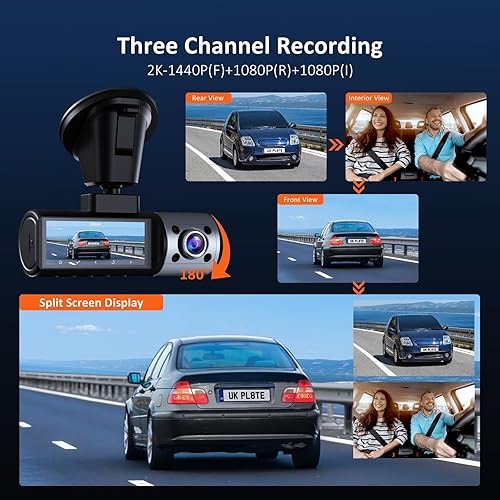 Miniatura 2 de NexiGo Cámara de tablero de 3 canales con cámara giratoria interiorfrontal, sensores Sony, delantera y trasera con cabina, 4K2K-1440P+1080P+1080P,