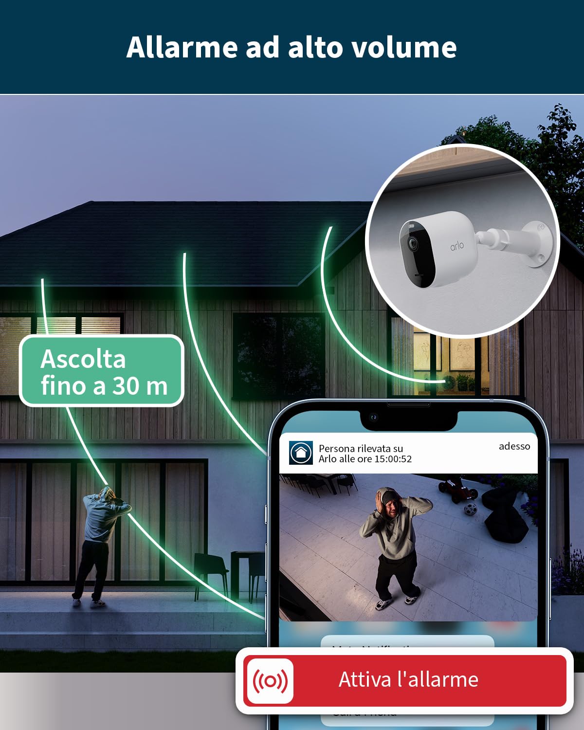 Arlo Pro 5 Telecamera WiFi Esterno Senza Fili, Telecamera WiFi Interno, 2K HDR, Sirena Allarme Casa, Sensore Di Movimento, Visione Notturna Colori, Prova Inclusa Secure, 2 Telecamere, Bianche