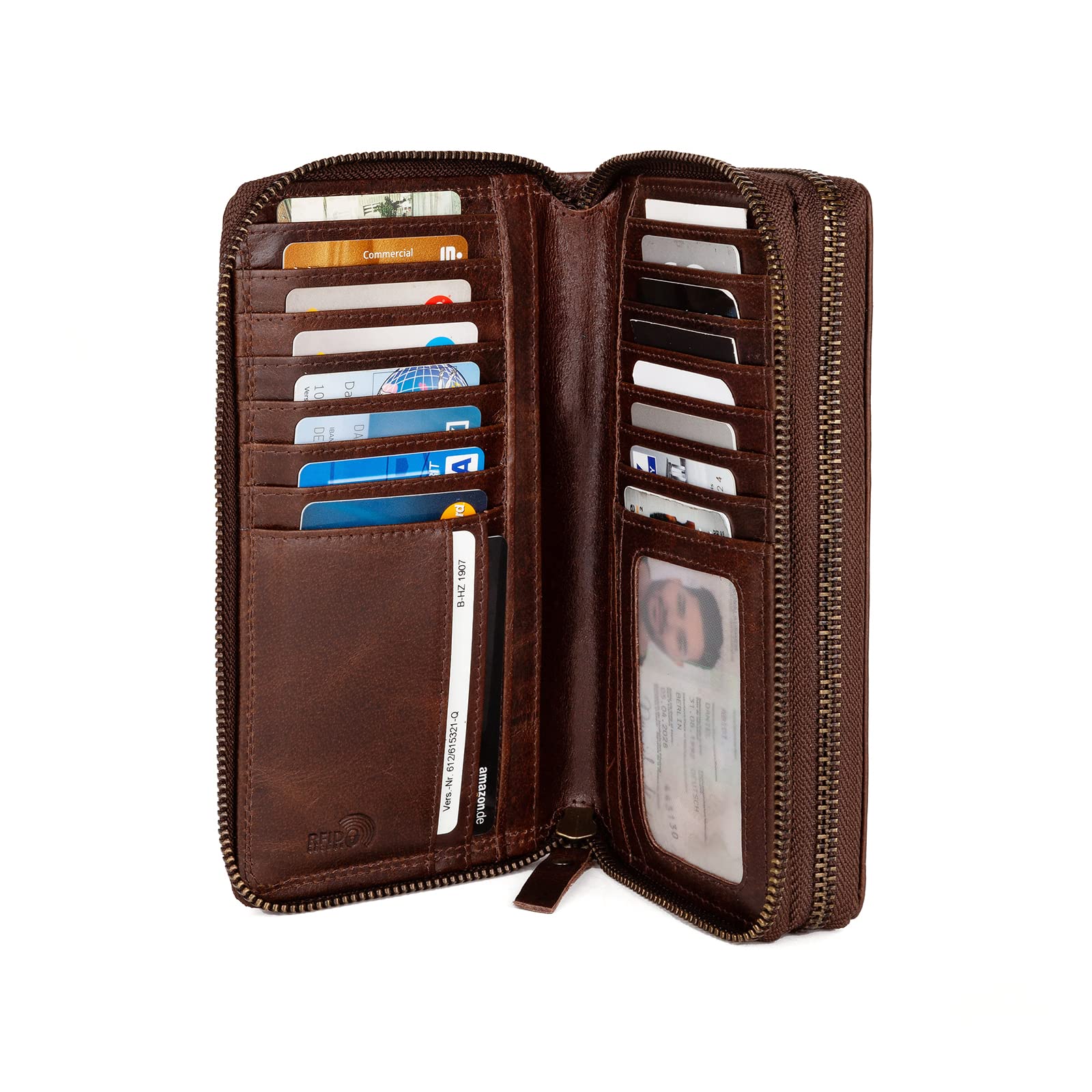 LEABAGS Billetera de Cuero para Mujeres XXL con Doble Cremallera y Protección RFID | Monedero con Compartimento para Monedas | 29 Compartimentos para Tarjetas