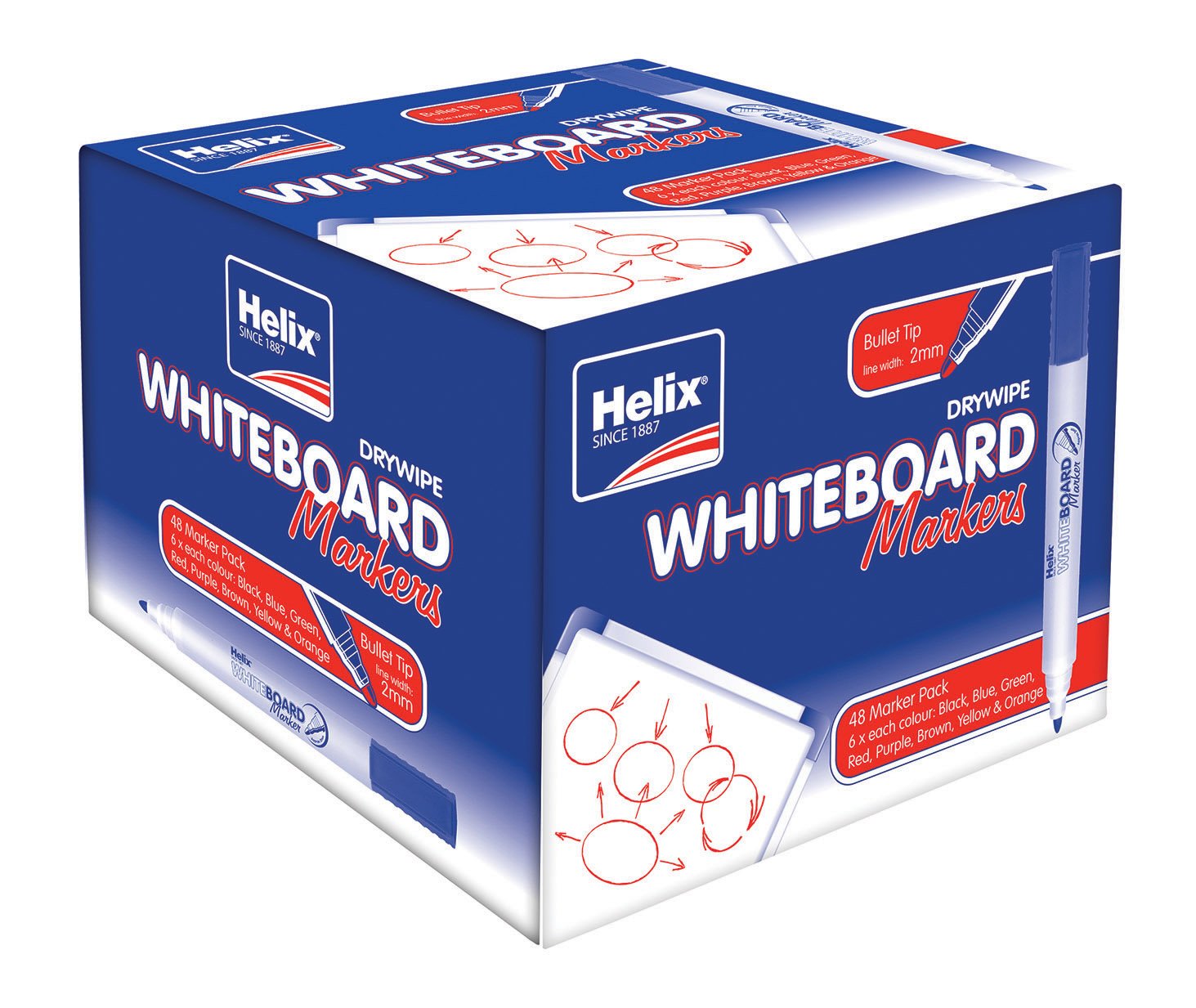 Helix Bullet Tip Whiteboard Dry Wipe Marker Pens - Assorted Colours (Pack of 48)