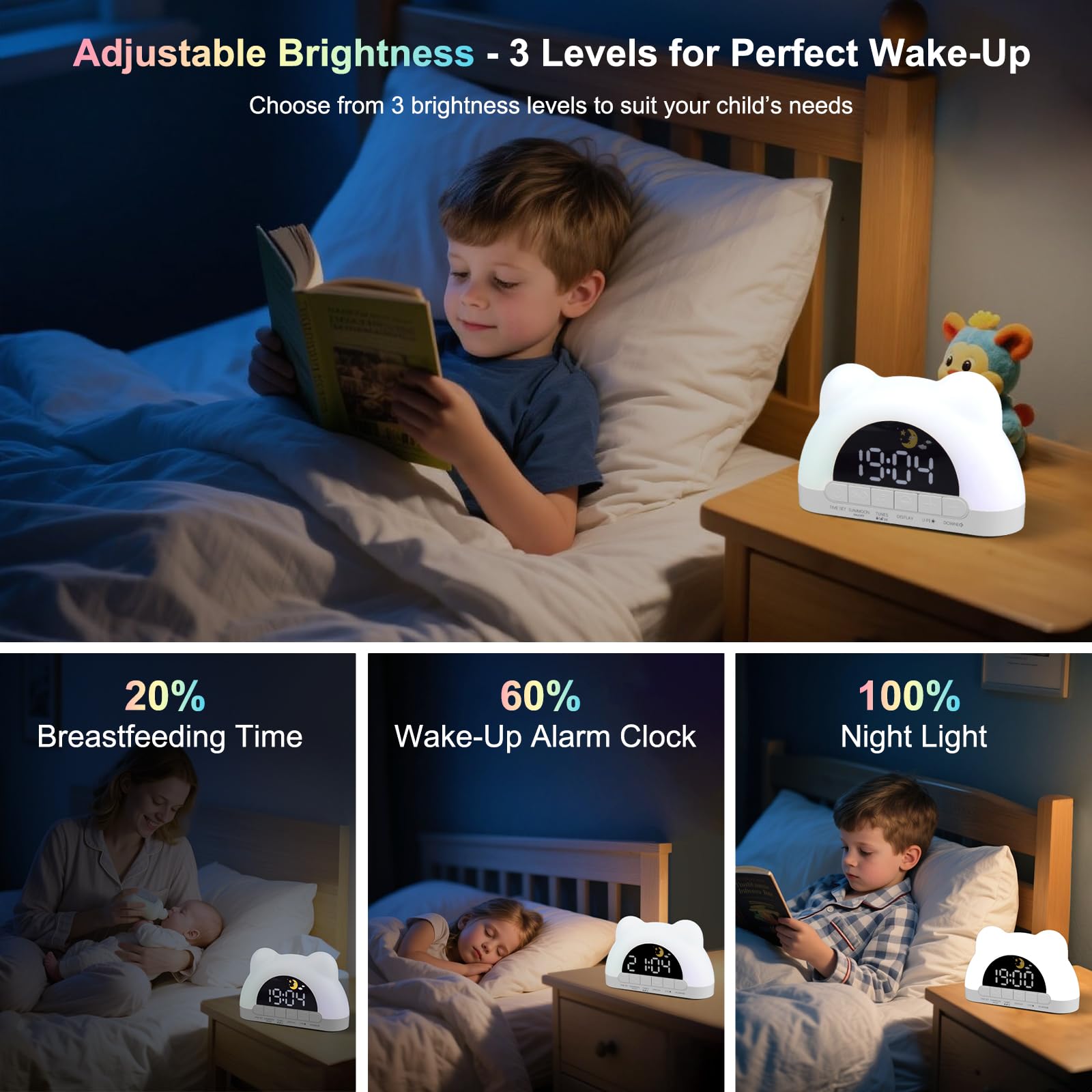 PENYUY Sunrise Alarm Clock, Kids Alarm Clock for Sleep Training with 11 RGB Color Lights & 3 Levels of Brightness Adjustable - Image 3