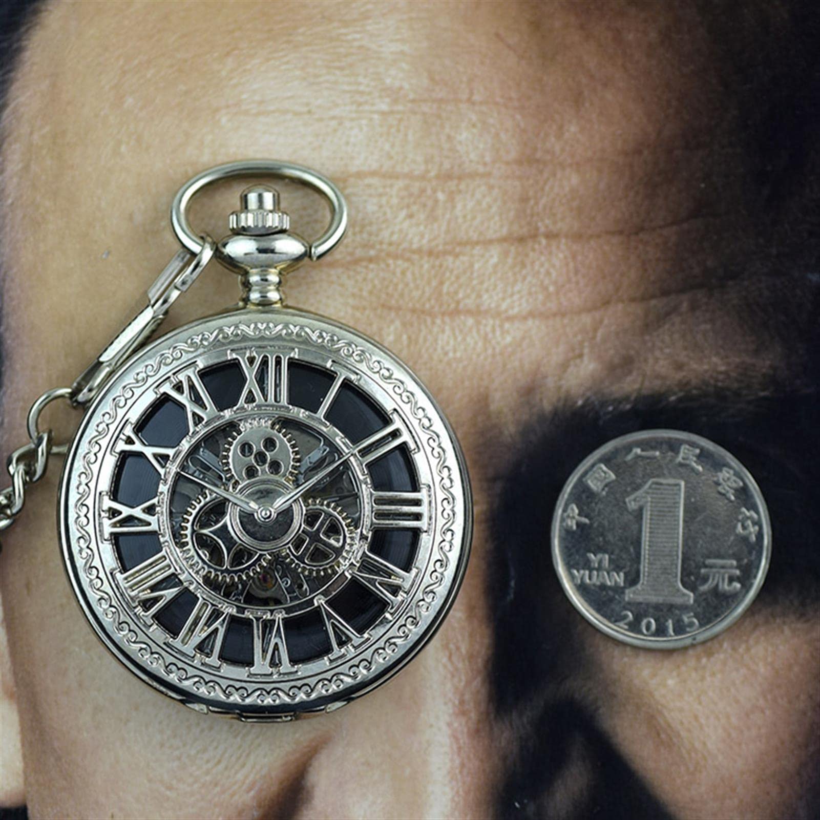 Mode Retro Taschenuhr Herrentaschenuhr, Antike Skelett mechanische Männer Steampunk mechanische Fob Uhren Uhr Anhänger Handaufzug(Silver)