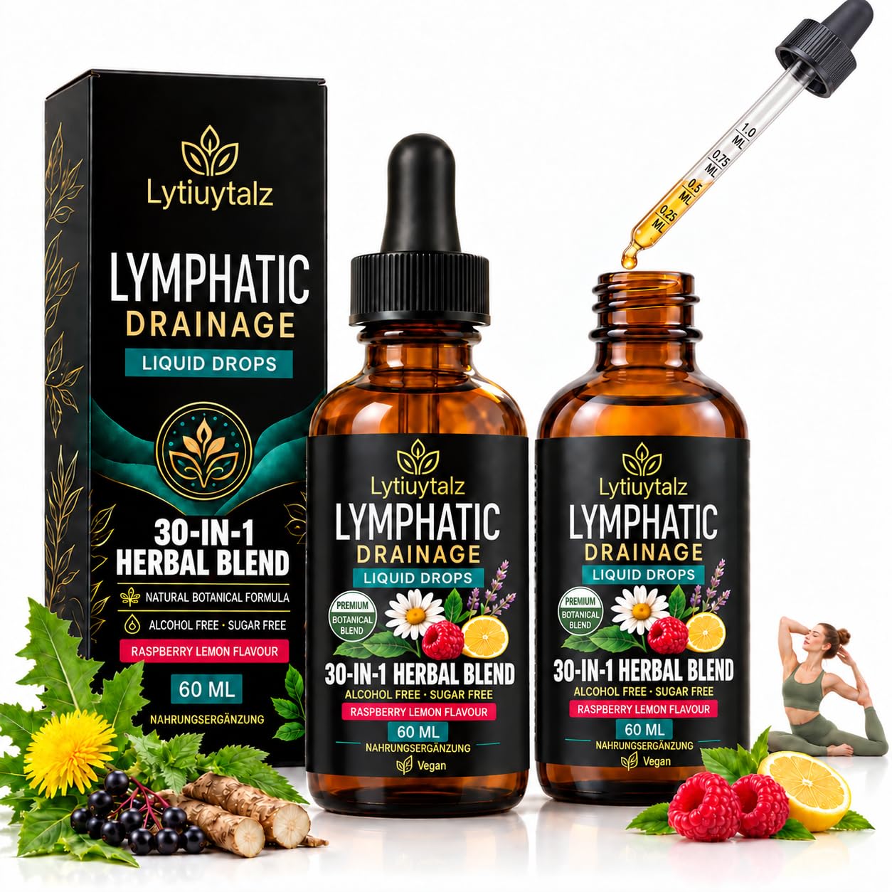 Lymphdrainage Tropfen, 30-in-1 zur Unterstützung von Wasserhaushalt, Immunsystem & Lebergesundheit, Löwenzahn, Brennnessel & Klettenwurzel, vegan, alkoholfrei, Himbeer-Zitrone, 2 x 60 ml, 60 Portionen
