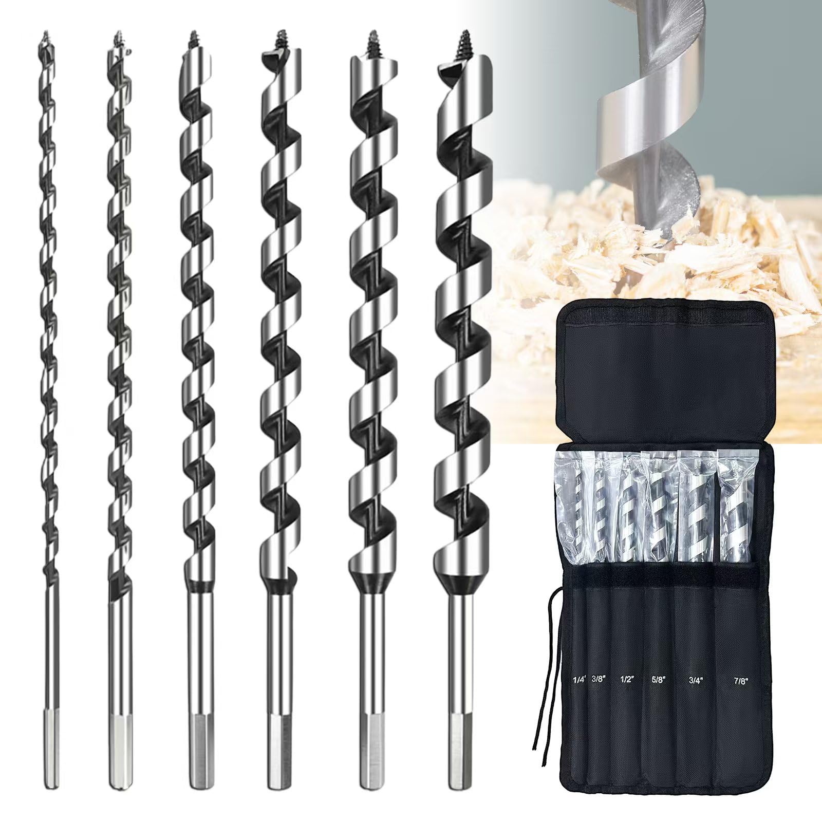 6Pcs 12" Wood Auger Drill Bit Set, 1/4"-7/8" Hex Shank, 60-Degree Angle, High Carbon Steel, 6 Count