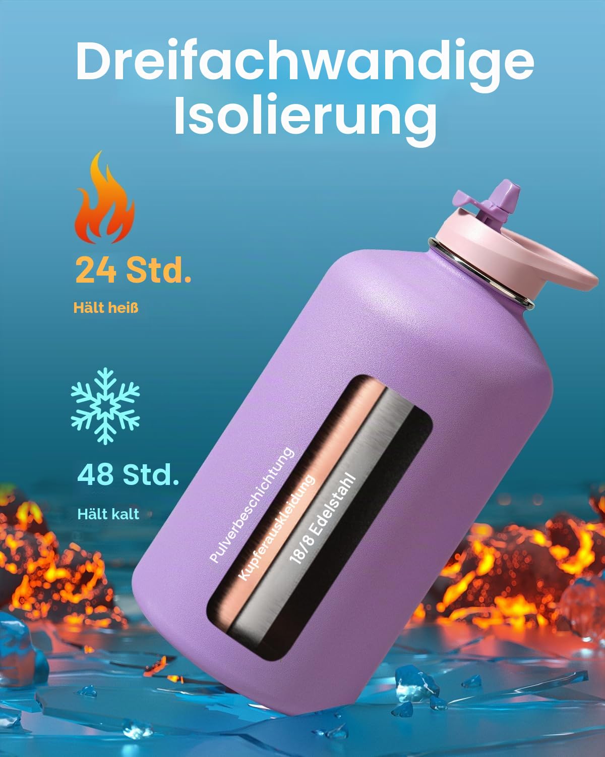 Coolflask Gallonen-Wasserflasche isoliert mit PU-Lederhülle, 3,6 l Wasserflasche, Farbkontrast mit Strohhalm-Deckeln, großer Edelstahl-Krug, hält 48 Stunden heiß 24 Stunden kalt, lila
