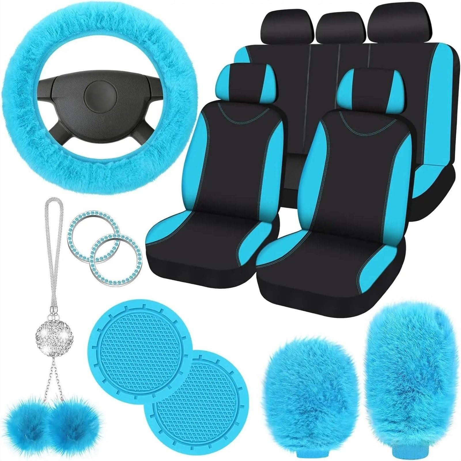 Coprisedili per auto 17 pezzi Coprisedile per auto Set completo per sedile anteriore e posteriore, Coprivolante in peluche Coprifreno