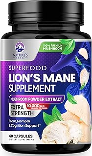 Lions Mane Supplement - 1000mg Per Serving - 10:1 Extract - Extra Strength Lion’s Mane Mushroom - Superfood for Memory & Focus Support, Brain, Immune Health Support - Bottled in the USA - 60 Capsules
