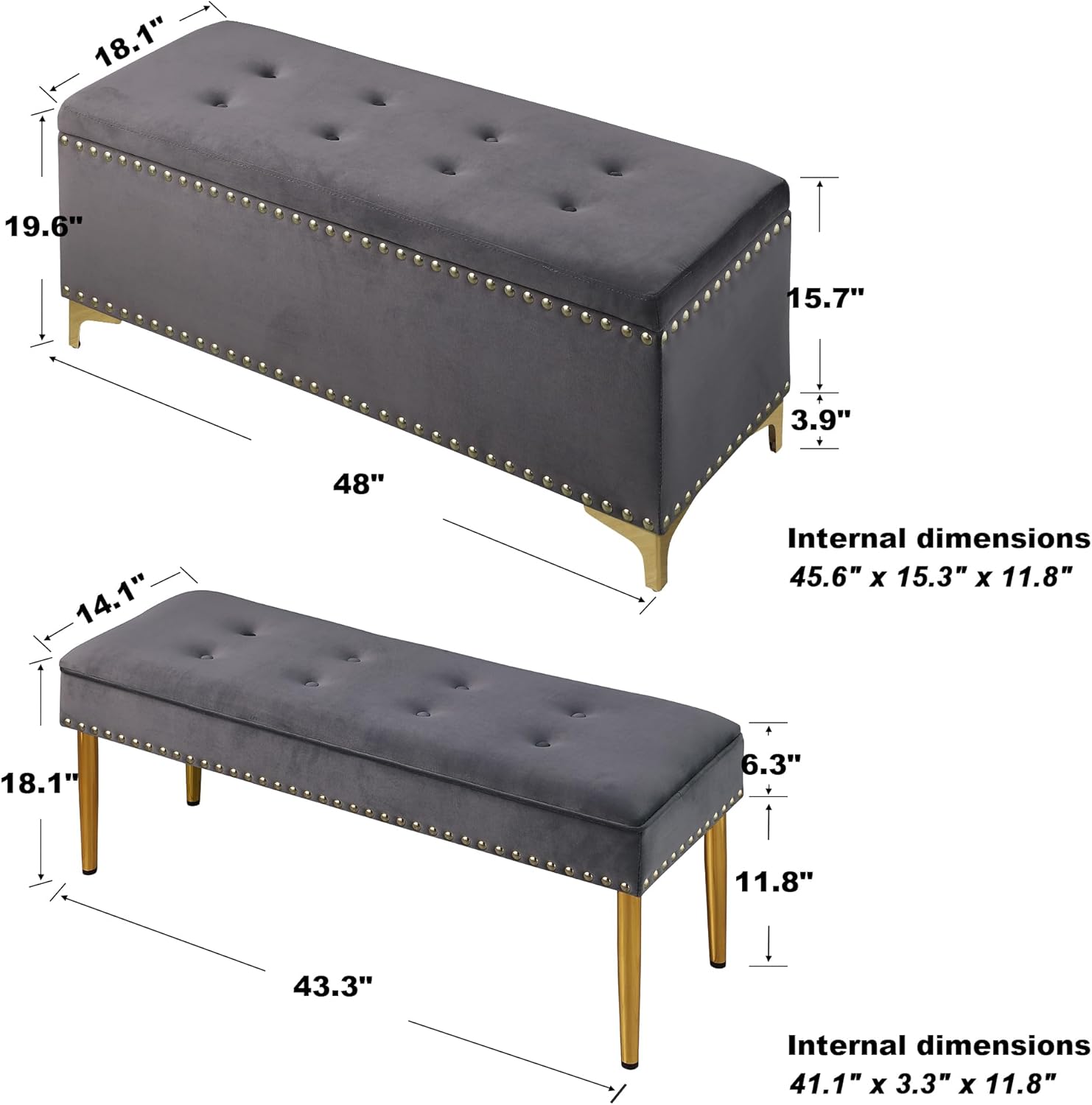 2Pcs Ottoman with Storage - 48 Inch End of Bed Storage Bench + 43 Inch Ottoman Bench Footrest Stool,Nailhead Trim,Upholstered Storage Ottoman for Bedroom,Entryway, Living Room(Grey)