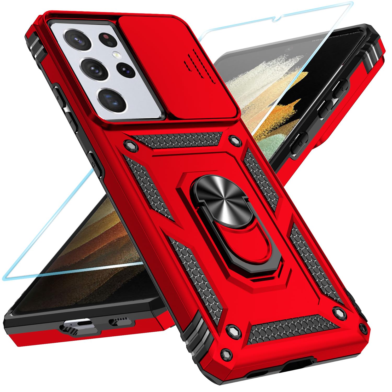 SunStory Phone Case for Samsung Galaxy S21 Ultra 5G Case with HD Screen Protector & Slide Camera Cover & Rotated Ring Kickstand, [Military-Grade] [2 in 1] Phone Case for Galaxy S21 Ultra 6.8'', Red