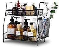 LEMIKKLE 2-Tier Black Countertop Organizer for Bathroom, Kitchen, Makeup & Skincare - Alloy Steel Rack with Basket, Space-Saving Storage
