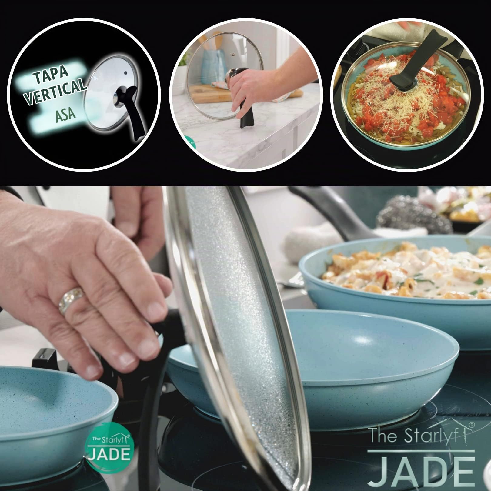 STARLYF Jade Pan – Juego de Sartenes Antiadherentes con Revestimiento de Jade, Aptas para Inducción, Gas y Vitrocerámica, Mango Ergonómico y Calentamiento Uniforme, Set Duradero