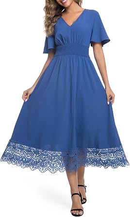 Olaesa Boho Lace Maxi Dresses for Women Smocked V Neck Flowy Dress