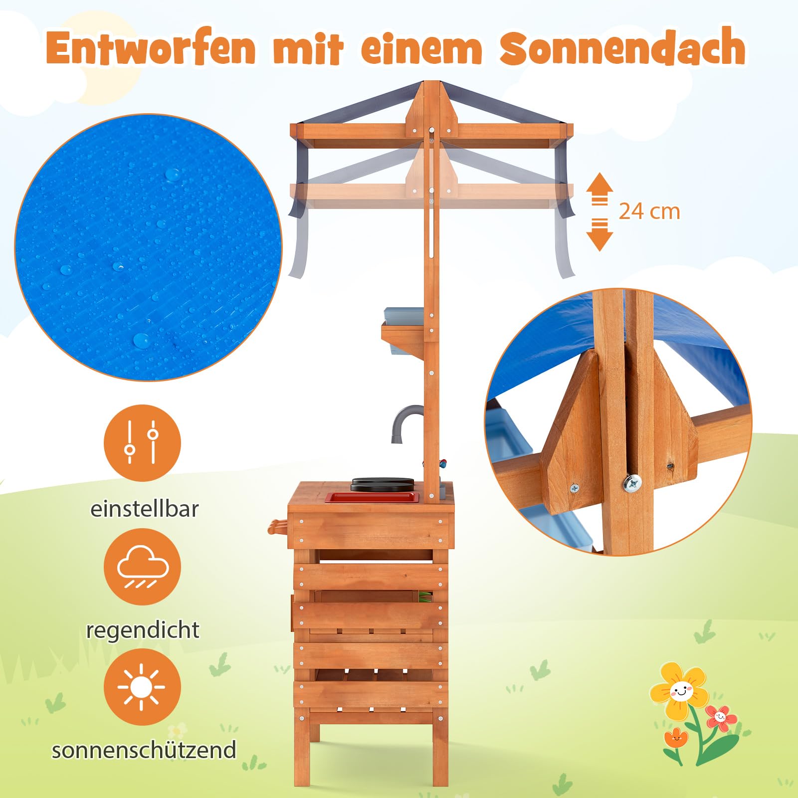 COSTWAY Matschküche Kinder Outdoor, Kinderküche Holz mit Sonnendach & Tafel & Pflanzbechern & Schaufeln, Spielküche mit Herd Spüle Schublade, Gartenküche Outdoor Küche für Kinder ab 3 Jahren