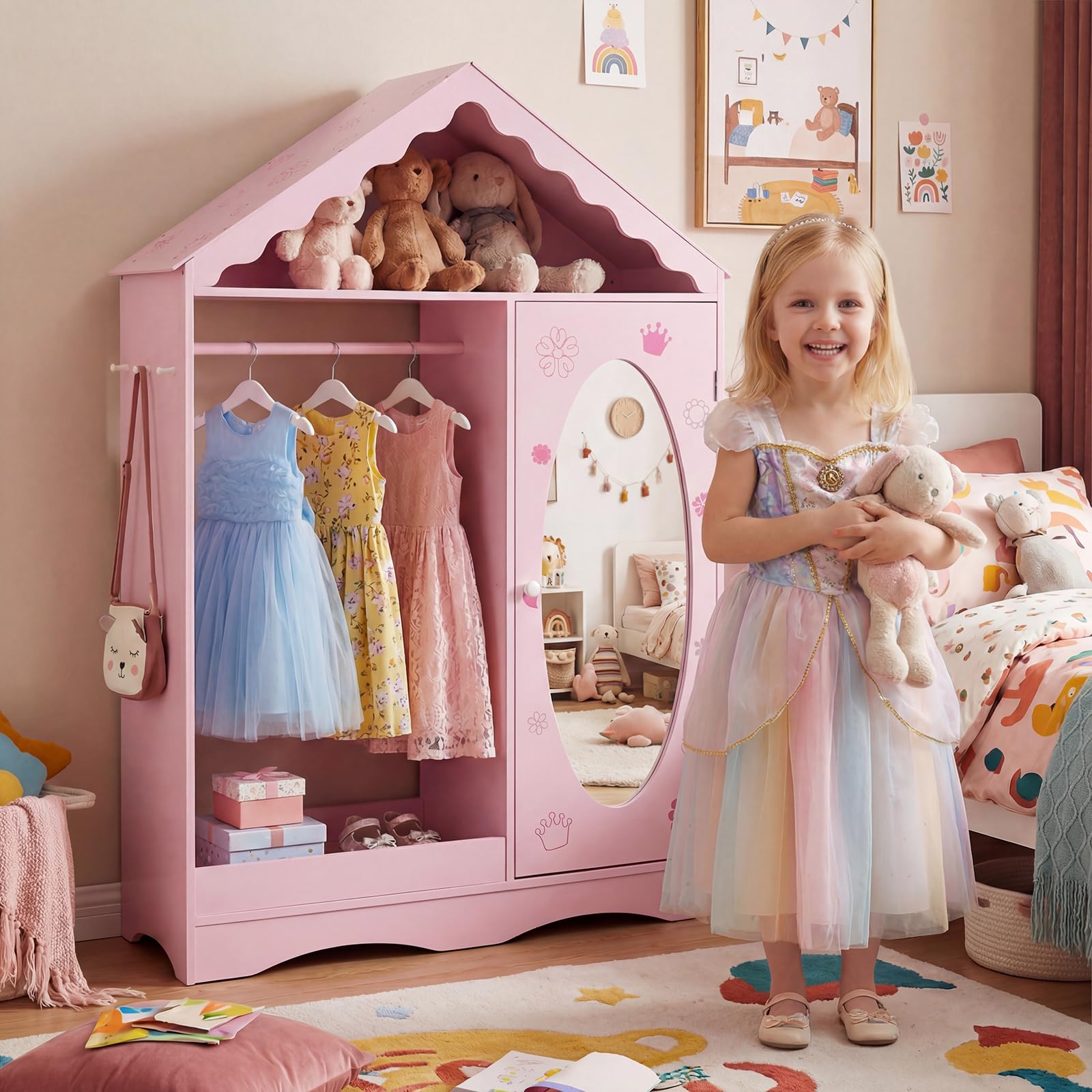 COSTWAY Armadio con Specchio per Bambini, Guardaroba Coperto con Appendiabiti Aperto, Scaffali e Ganci, Armadio e Organizzatore di Costumi per Camera da Letto e Stanza dei Giochi (Rosa)