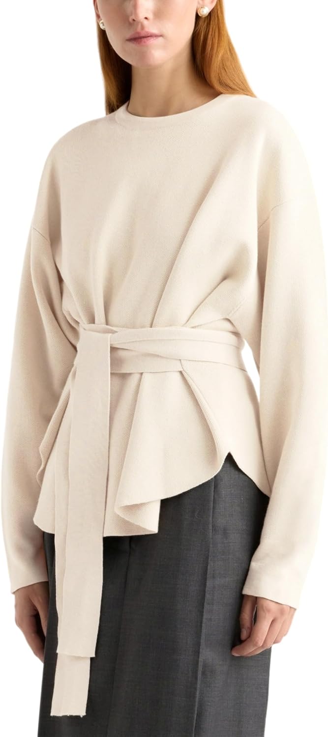 Yeokou Women Tie Front Sweater Soft Loose Long Sleeve Crew Neck Belt Knit Pullover Top Office Dressy - Image 2