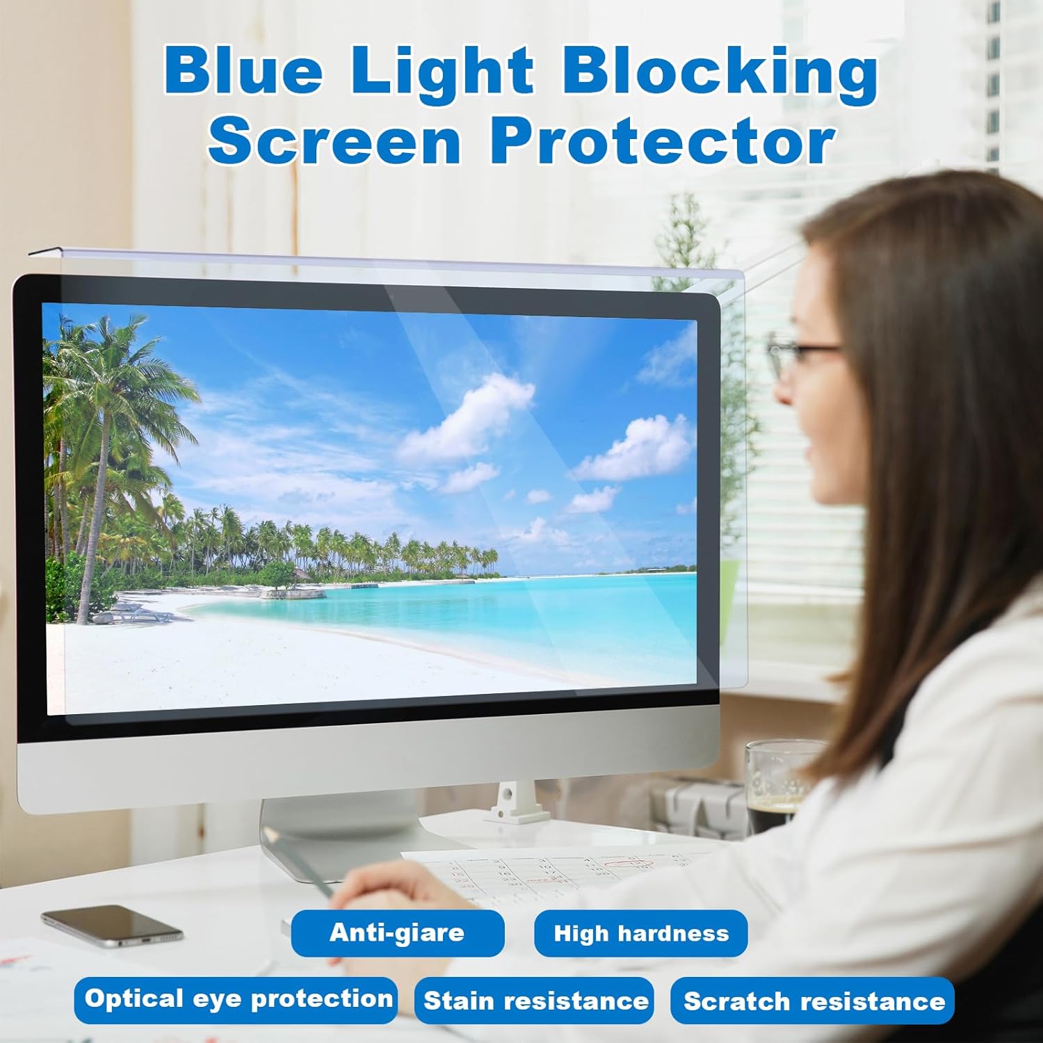 Blue Light Screen Protector for 23 23.6 23.8 24 inch Computer Monitor Hanging Type Blue Light Blocking Filter Panel Anti Scratch Eye Protection Shield for Desktop Computer