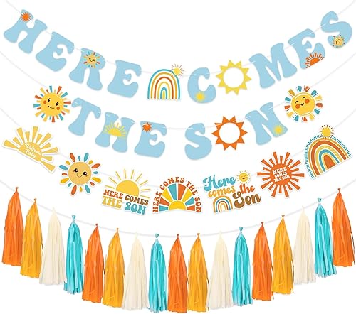 Banner azul para baby shower con borla de guirnalda de texto en inglés Here Comes The Son, decoración de baby shower boho retro para fiesta de