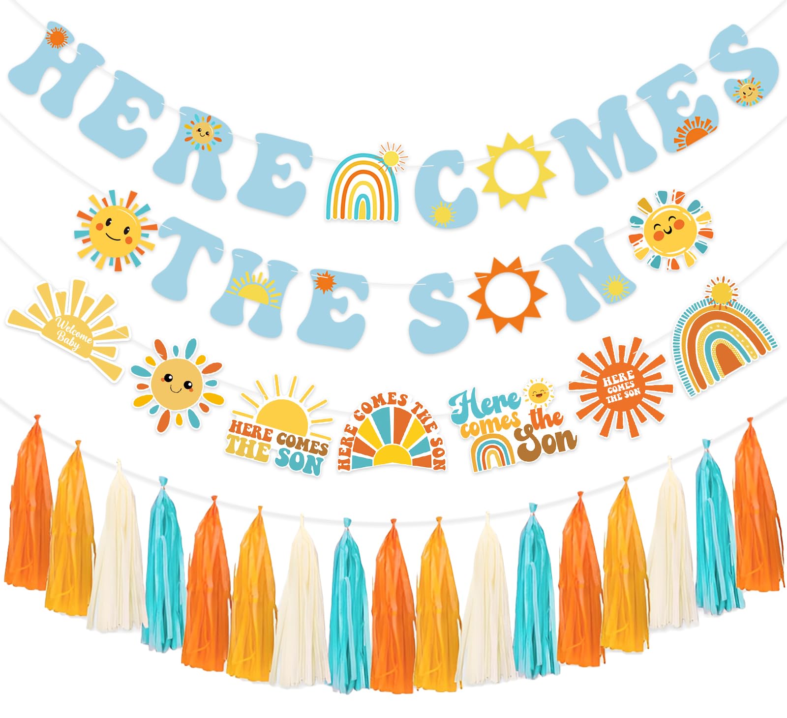 Here Comes The Son Baby Shower Banner Blue with Garland Tassel, Here Comes The Son Baby Shower Decor Decorations for Boho Retro Sunshine Birthday