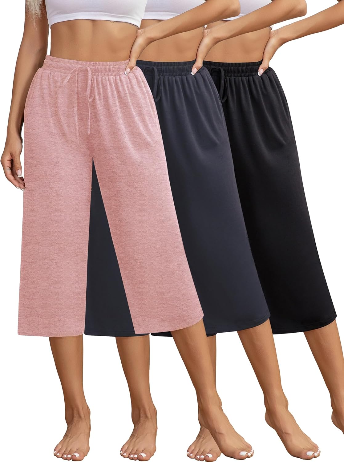 3 Pack Women Capri Pants Casual Drawstring Yoga Sweatpants Loose Soft Wide Leg Pajama Pants with Pockets