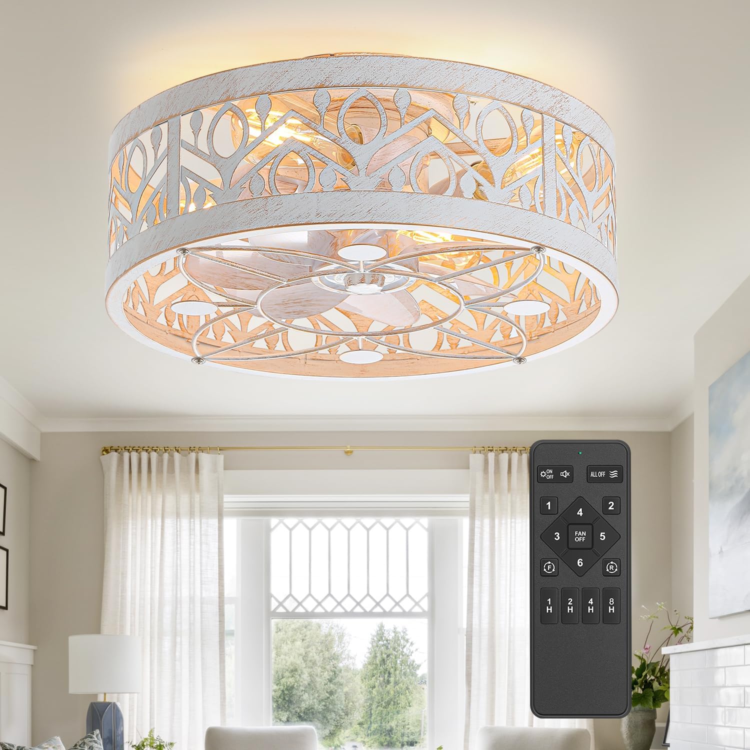 Caged Ceiling Fan with Light, 16.5-inch White Enclosed Fans with Remote Control, Flush Mount Low Profile Reversible DC Motor, Quiet Bladeless Fan for Indoor Bedroom Living Room Kitchen