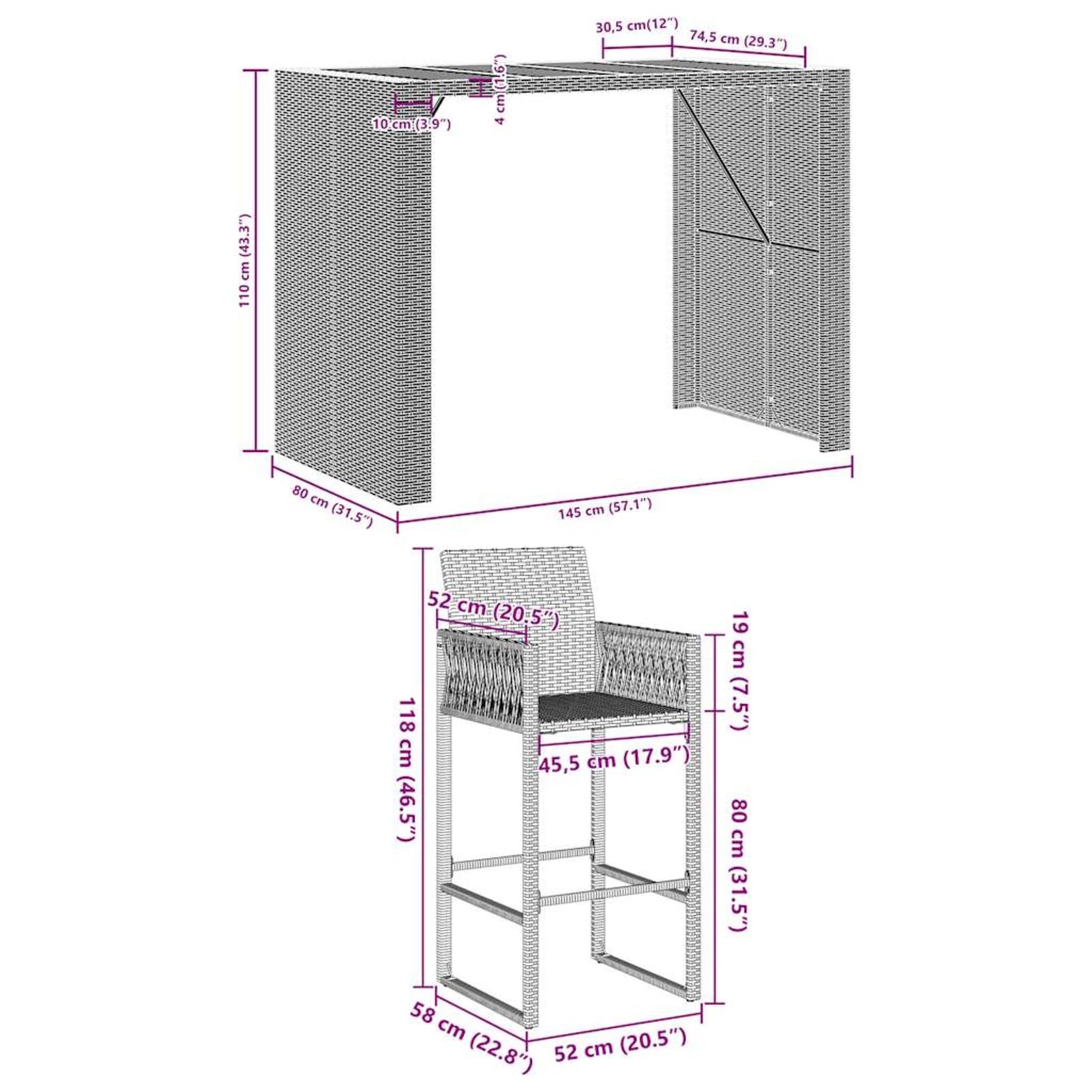 Homgoday Set Bar jardín sin Cojines 5 pzas ratán sintético Acacia Gris Barra Jardin Barra Bar Exterior mesas Altas y taburetes Dimensiones 145 cm