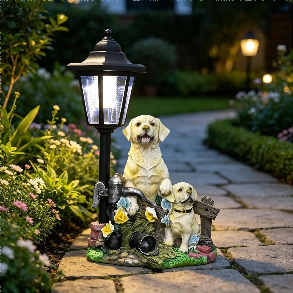 Estatua solar de perro, mascota de resina resistente a la intemperie para escultura para luz integrada, adorno decorativo de jardín para patio y césped