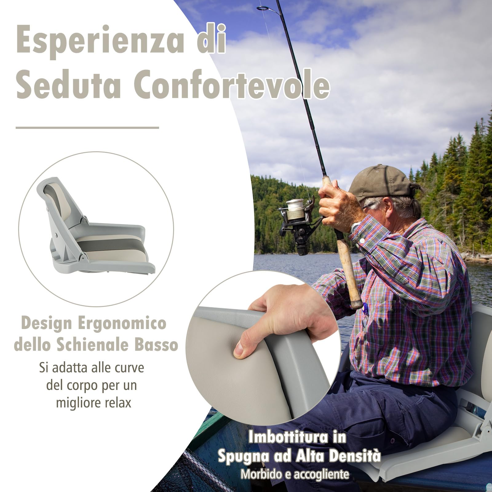 COSTWAY Sedia da Barca Pieghevole, Sedia con Schienale Basso con Cuscini Imbottiti in PVC, Telaio in PP, Bulloni di Fissaggio, Sedia Impermeabile per Barca da Pesca, Barca Turistica, 57 x 51 x 35 cm