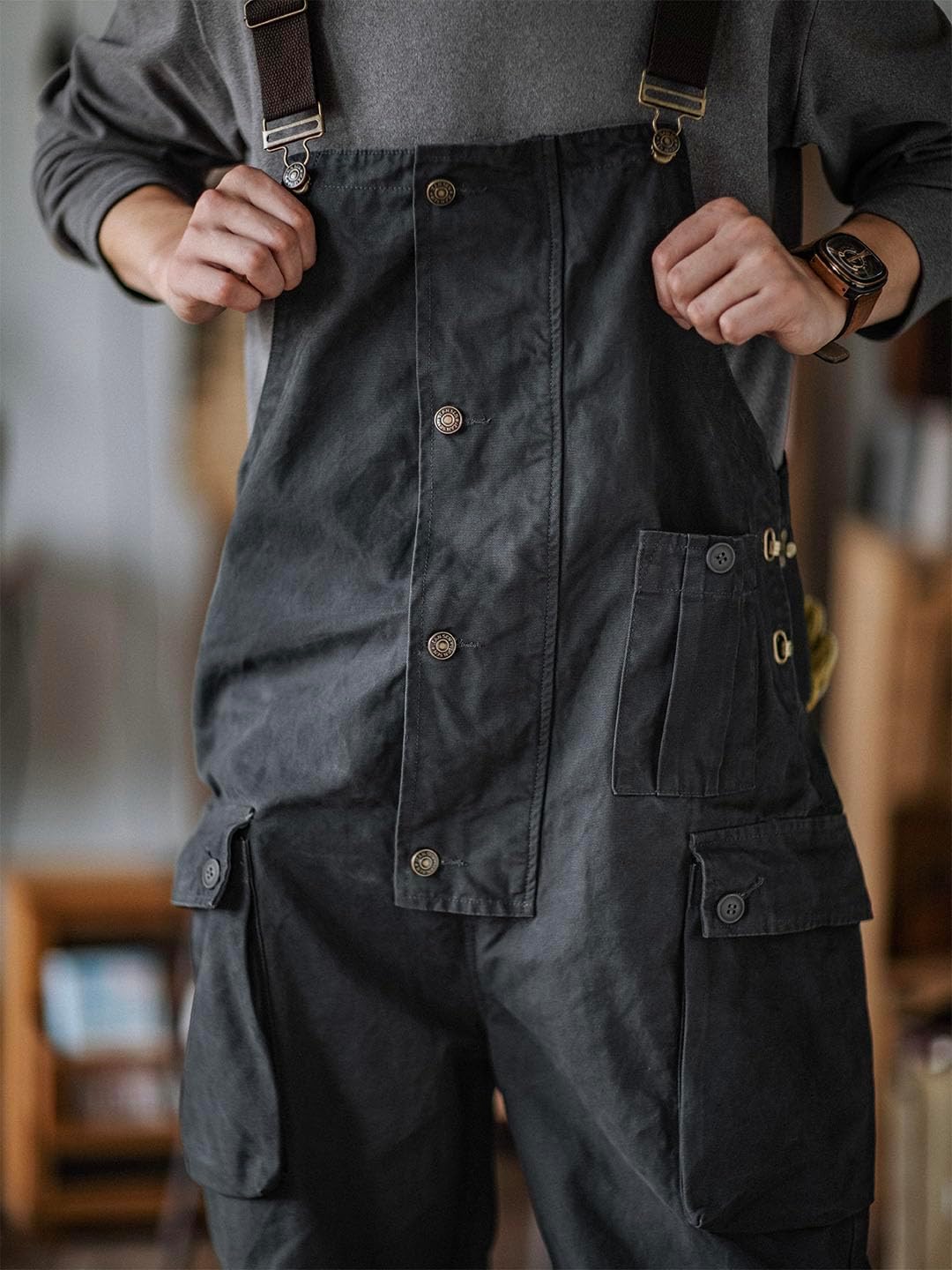 MADEPANTS Men's Canvas Overalls with Flap Pockets Button Front Dungarees Workwear