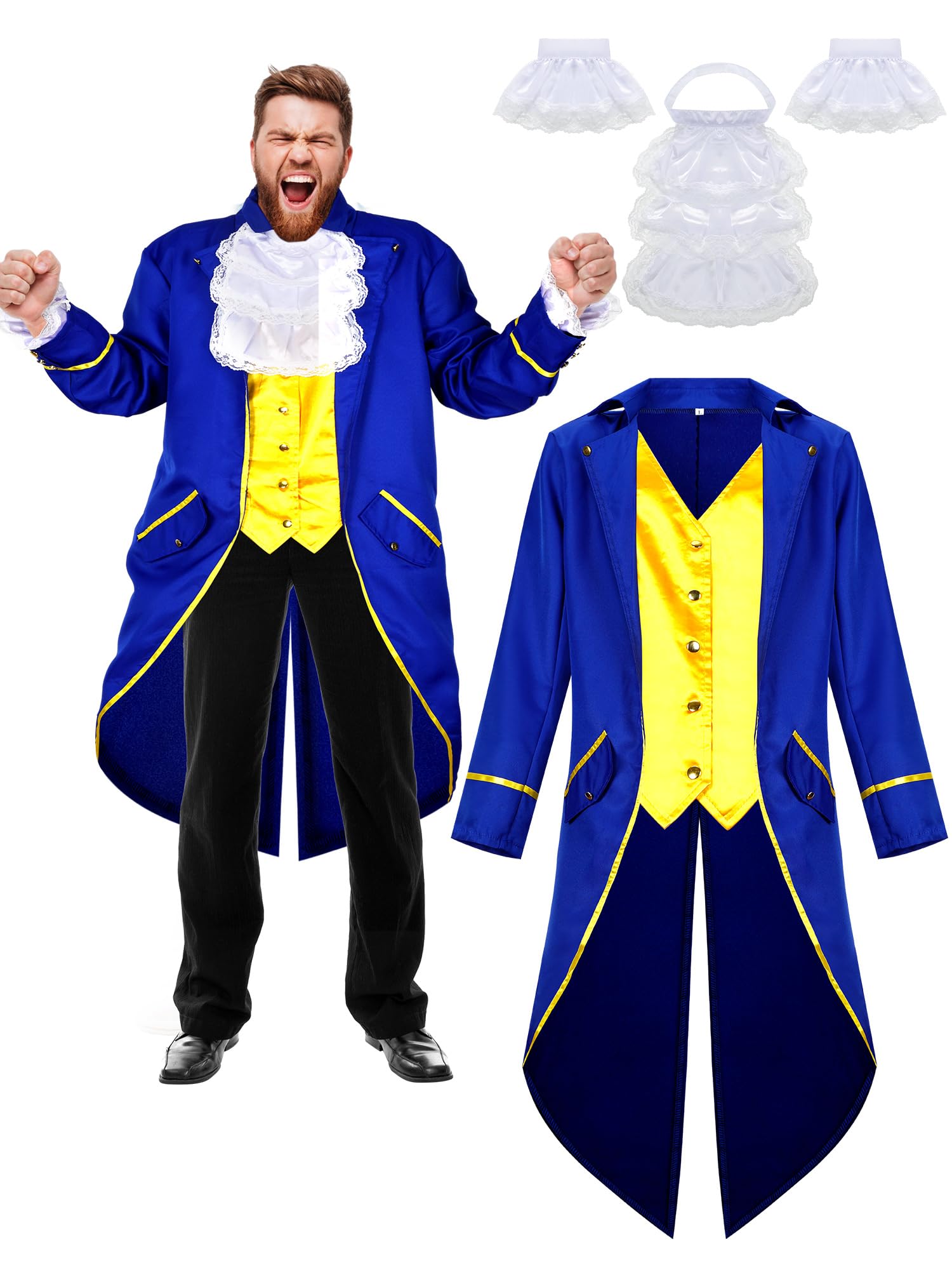 Ramede 3 Pieces Halloween Beast Prince Costumes Set Including Vintage Tailcoat Jacket Colonial Lace Jabot Cuffs for Adult Men