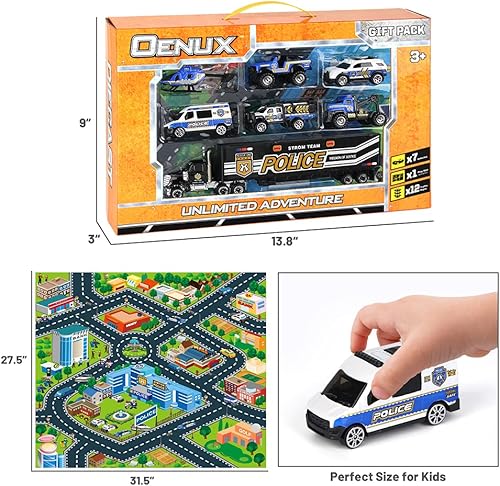 Miniatura 6 de OENUX Juguetes de coche de policía para niños con alfombrilla de juego de ciudad camión portador de vehículos fundidos helicóptero SWAT camión de