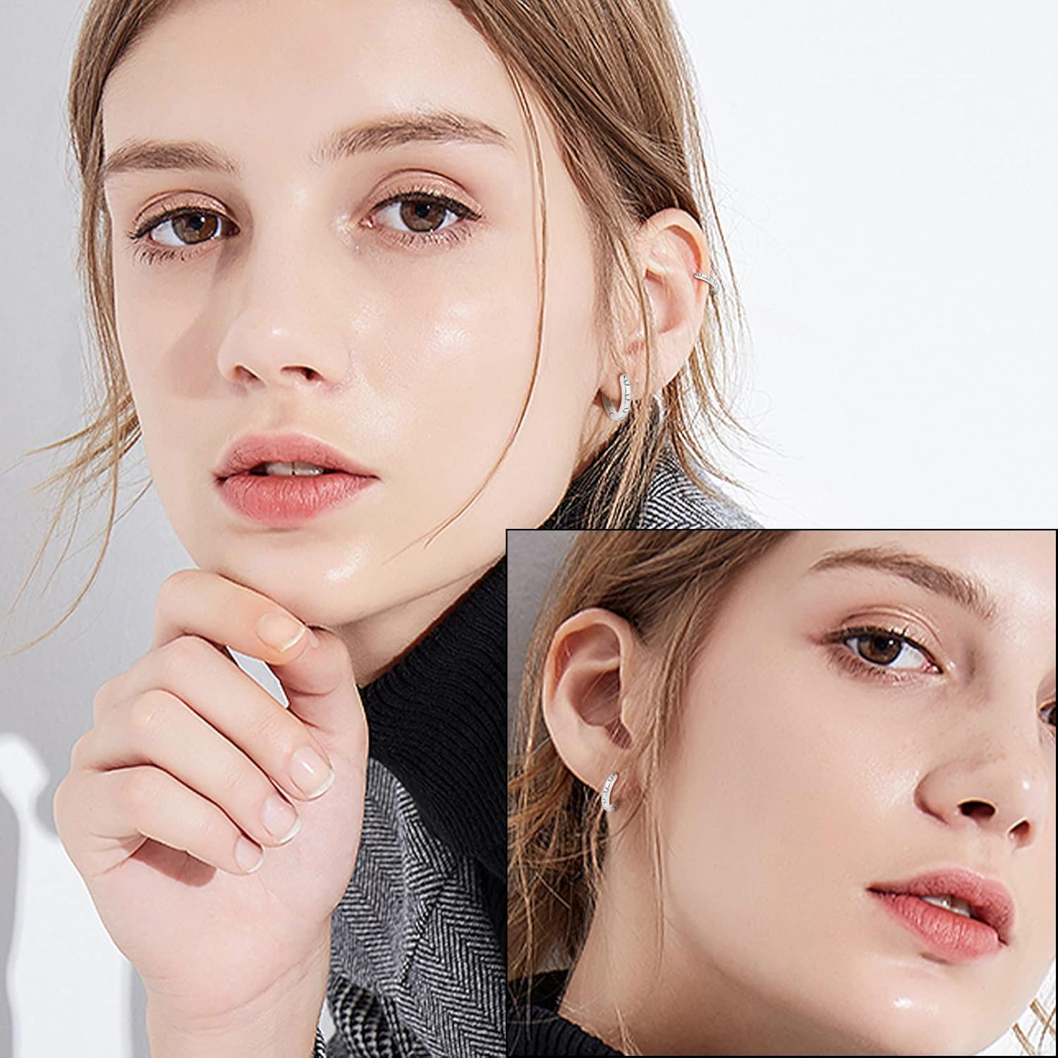 3 Pairs Sterling Silver Small Hoop Earrings Cubic Zirconia Cuff Earrings | Tiny Cartilage Huggie Hoop Earrings Piercing Jewellery for Women（8/10/12mm) - Image 4