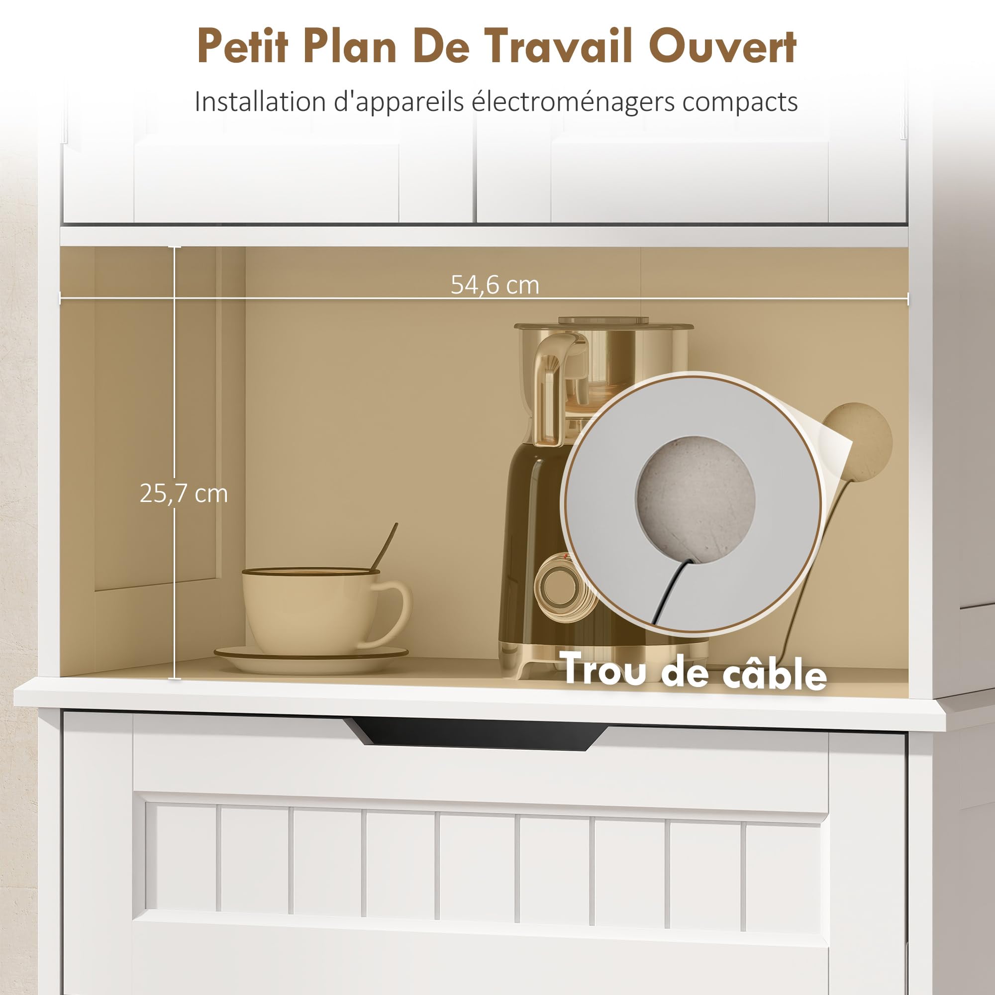 HOMCOM Buffet Haut Cuisine Armoire de Cuisine, 60 x 30 x 172 cm, Blanc | Vaisselier, 4 Portes, Tiroir, Compartiment Ouvert, Étagères Réglables, Meuble Rangement Salon, Salle à Manger