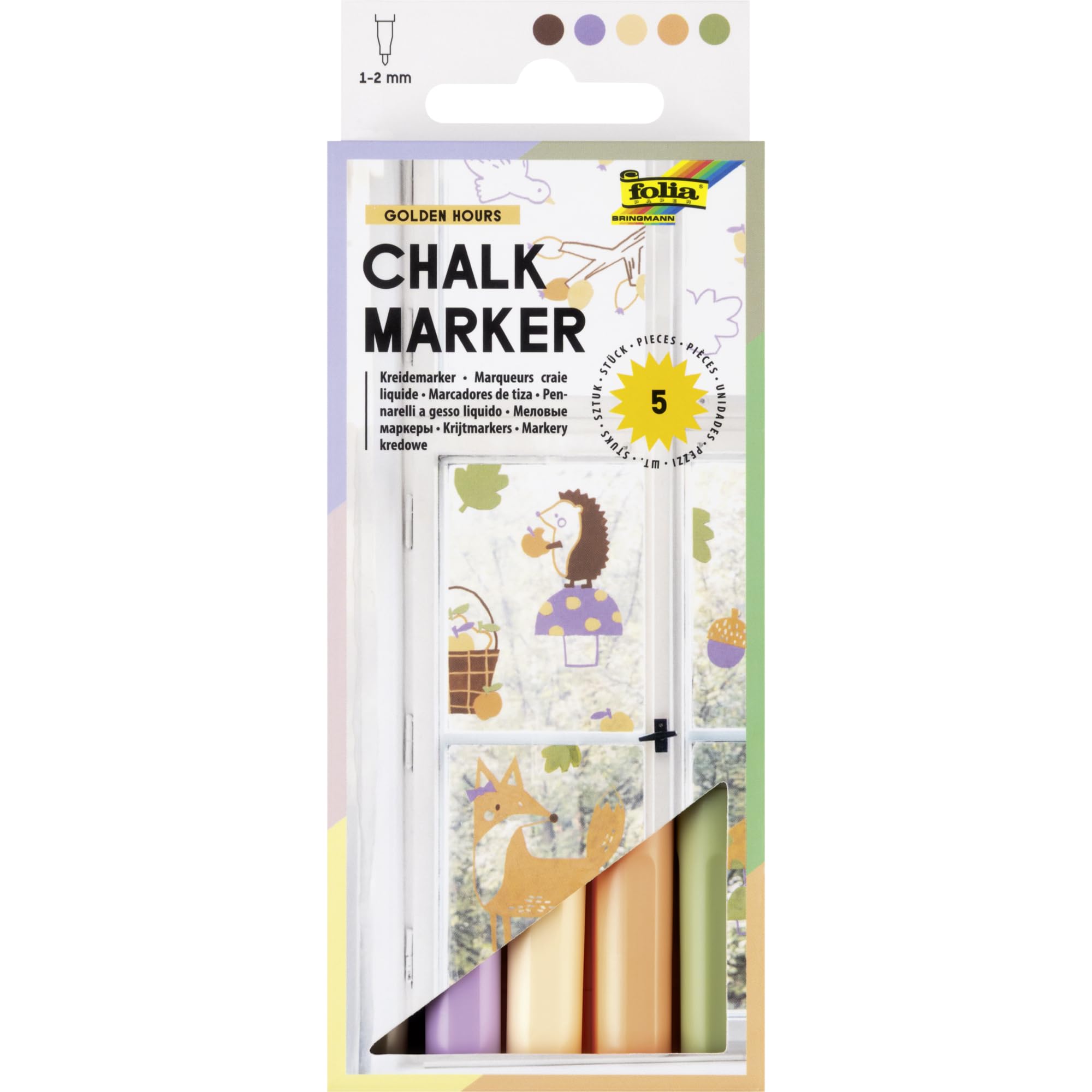 folia 390579 Chalk Marker Golden Hours, Pack of 5 in 5 Thematic Pastel Colours, Water-based Chalk Markers, Line Width 1-2 mm, Wipe Clean, Suitable for Glass, Tiles and Mirrors
